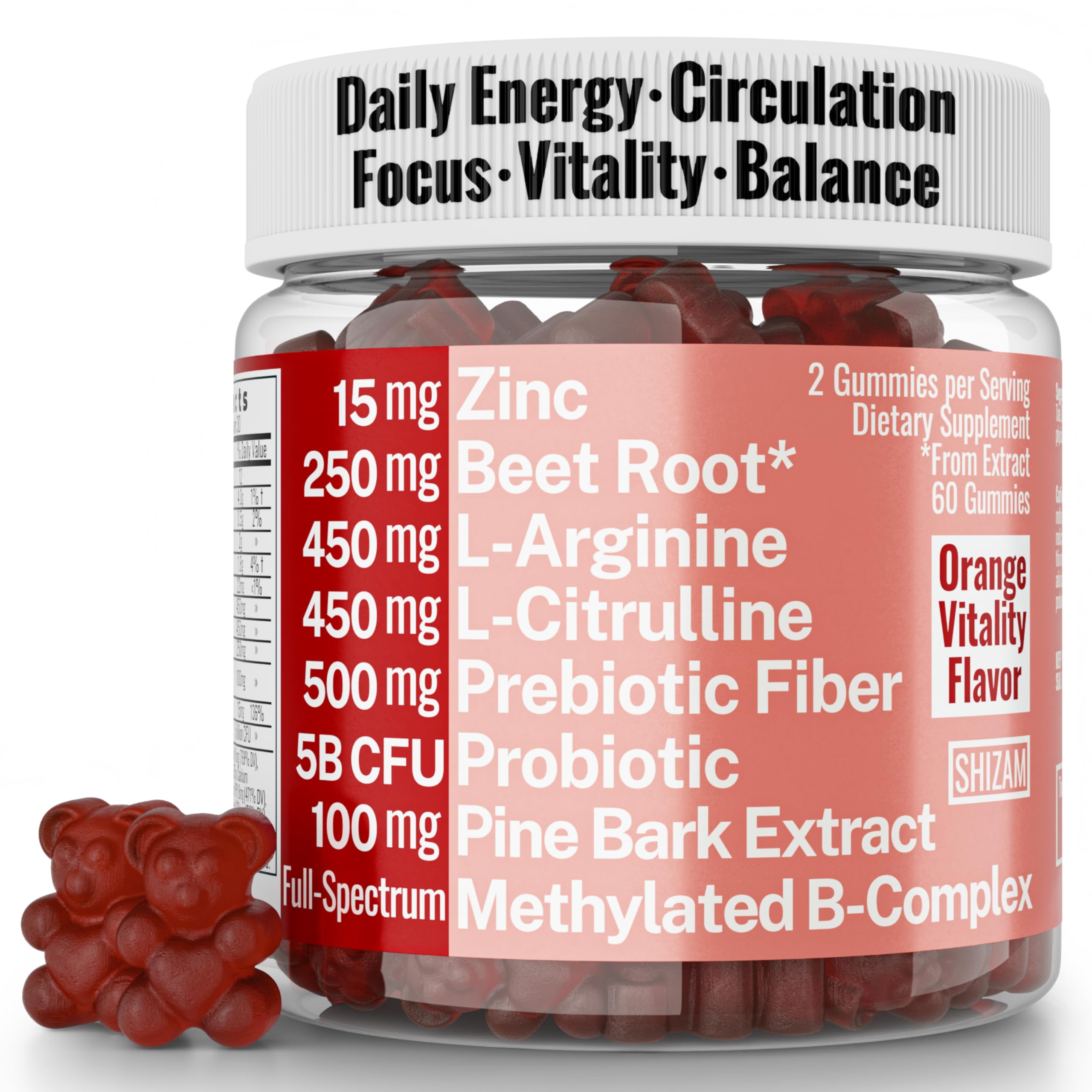 Pine Bark Extract L-Arginine L-Citrulline Beetroot Probiotic Fiber Methylated B Complex Zinc Gummies for Women Men Adults Kids w. Chicory Root Inulin 5-MTHF B6 P5P Powder Capsule Pill Supplement Alt SHIZAM Au supplements