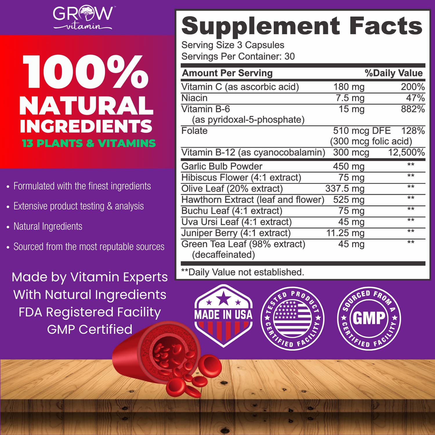 grow vitamin Blood Pressure Formula - Herbal Blend, Non-GMO, Gluten-Free - 90 Capsules grow vitamin Au supplements