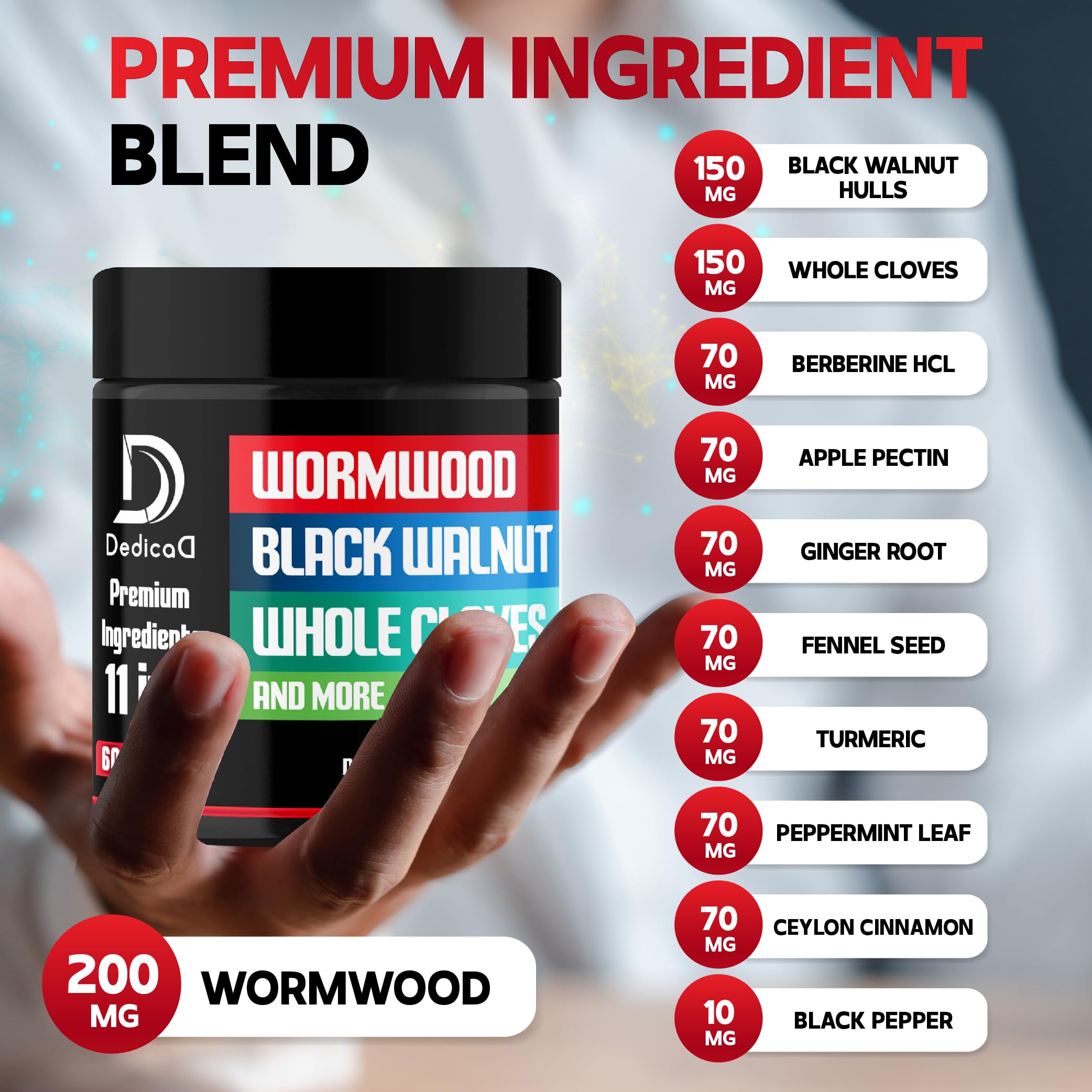 DEDICAD Wormwood Capsules Supplement - Extracted from Black Walnut, Cloves, Turmeric, Apple, Berberine HCl & More - 11 Ingredients Combined for Immune System, Body Management - 60 Capsules DEDICAD Au supplements