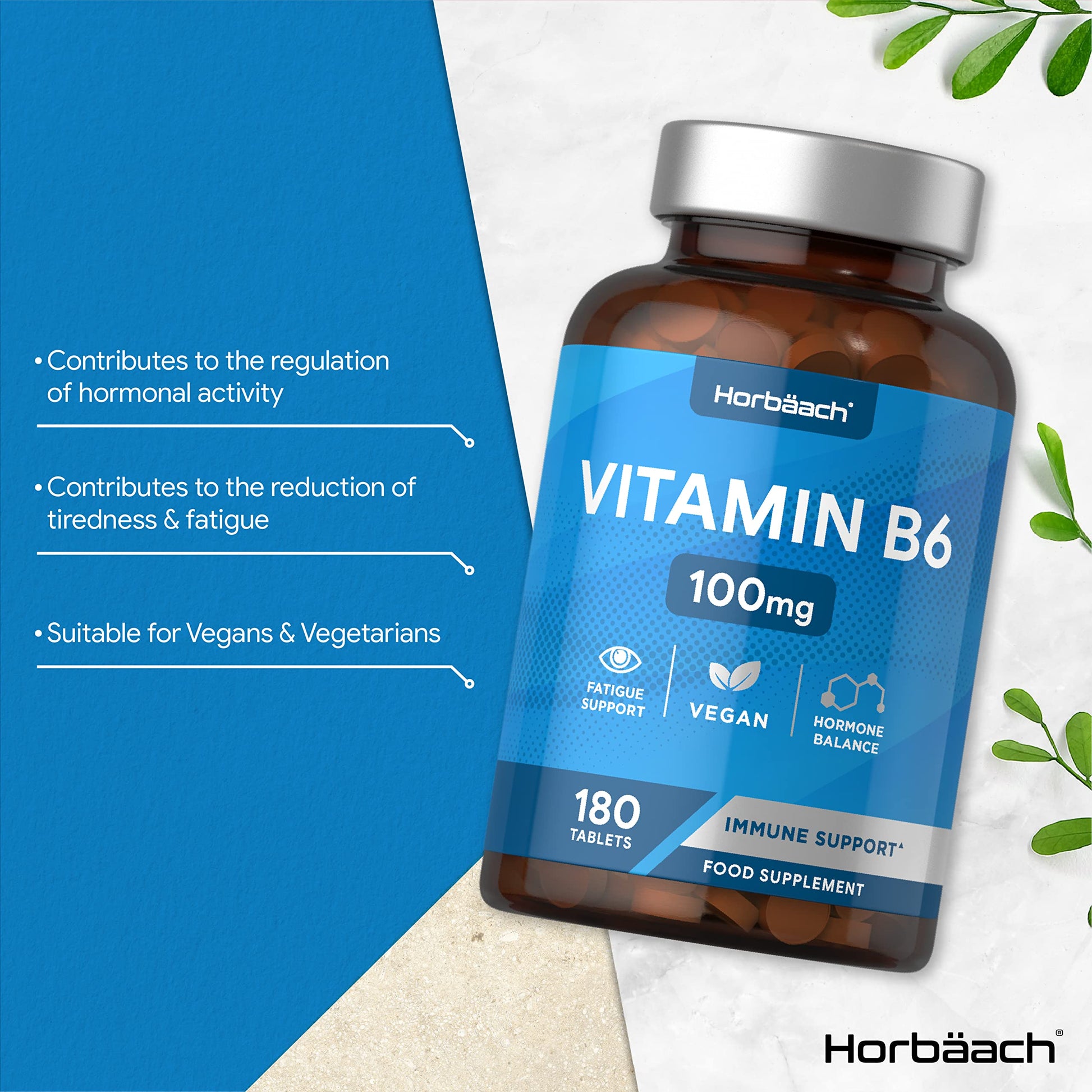 Vitamin B6 100mg | 180 High Strength Tablets | Regulation of Hormonal Activity & Fatigue Horbäach Au supplements