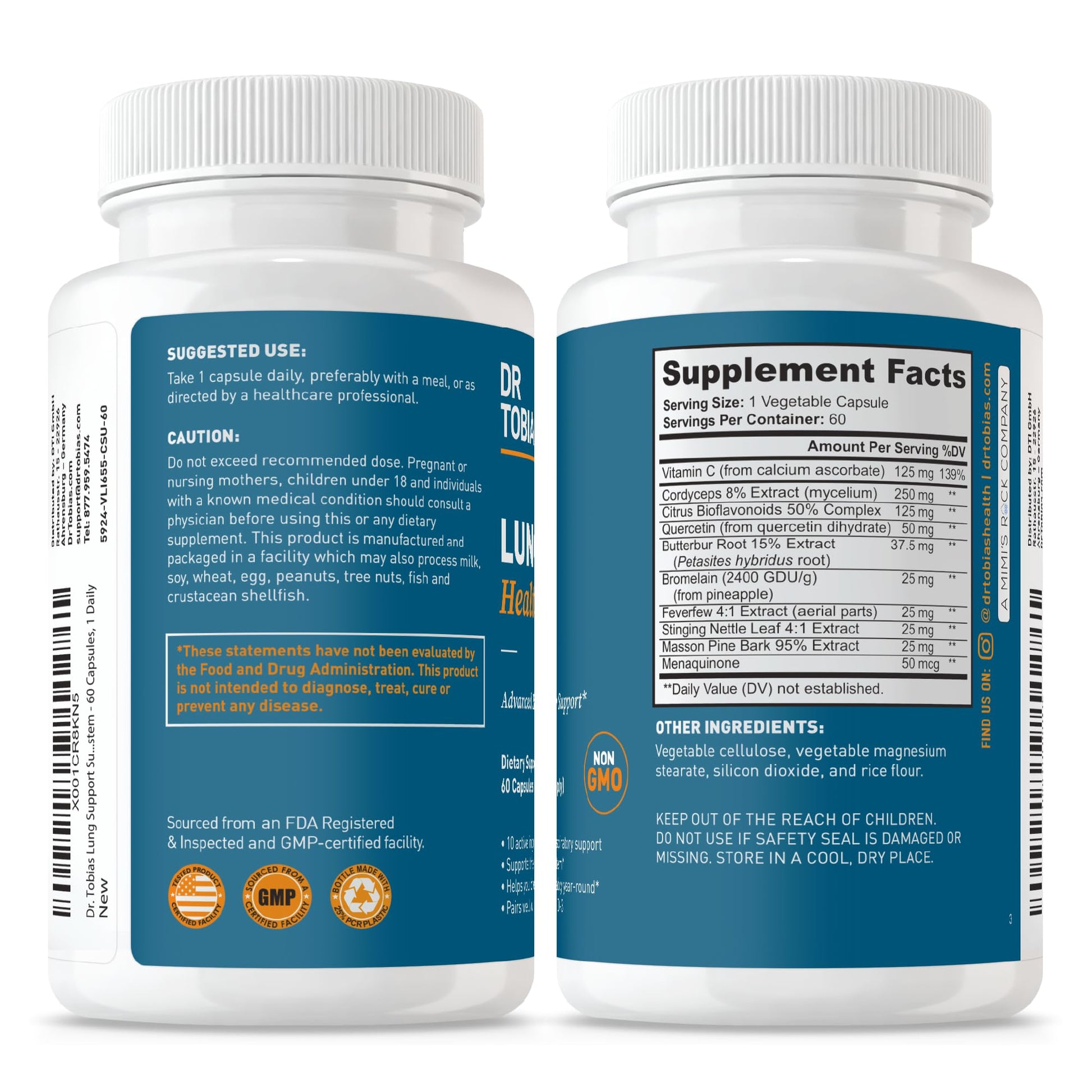 Dr. Tobias Lung Health - Lung Support Supplement with Vitamin C, Butterbur, Quercetin & Bromelain | Lung Cleanse & Detox Formula for Bronchial & Respiratory System Non-GMO (60 Capsules, 60 Servings) Dr. Tobias Au supplements