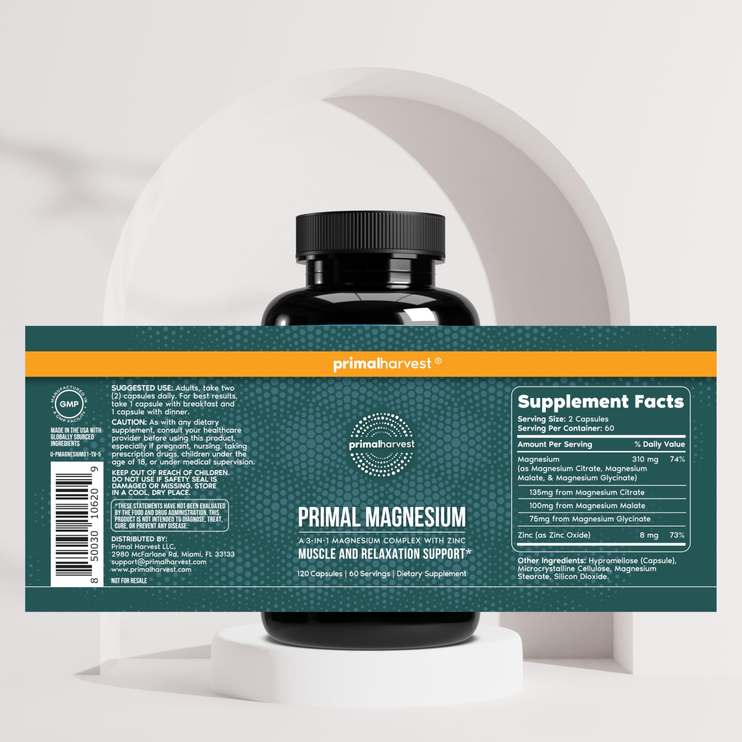 Primal Harvest Magnesium Supplement Complex 310mg by Primal Harvest with Magnesium Glycinate, Citrate, Malate, and Zinc 2 Pack, 240 Capsules Primal Harvest Au supplements