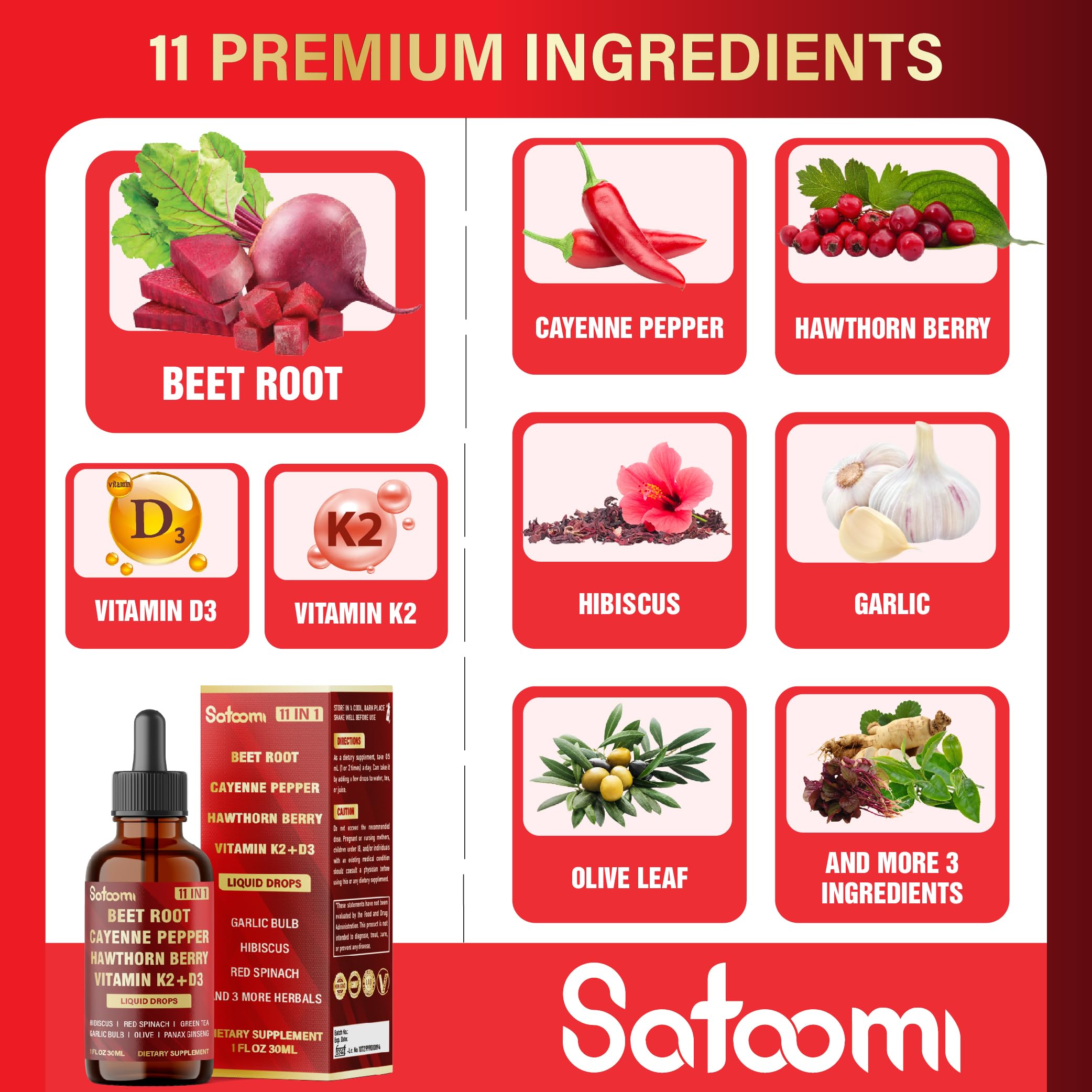 11in1 Beet Root Liquid Drops Supplement with Formula with D3, K2, Hawthorn, Red Spinach, Garlic & Green Tea and More - Supports Immune & Vitality - 1 FL Oz - for 60 Days Satoomi Au supplements