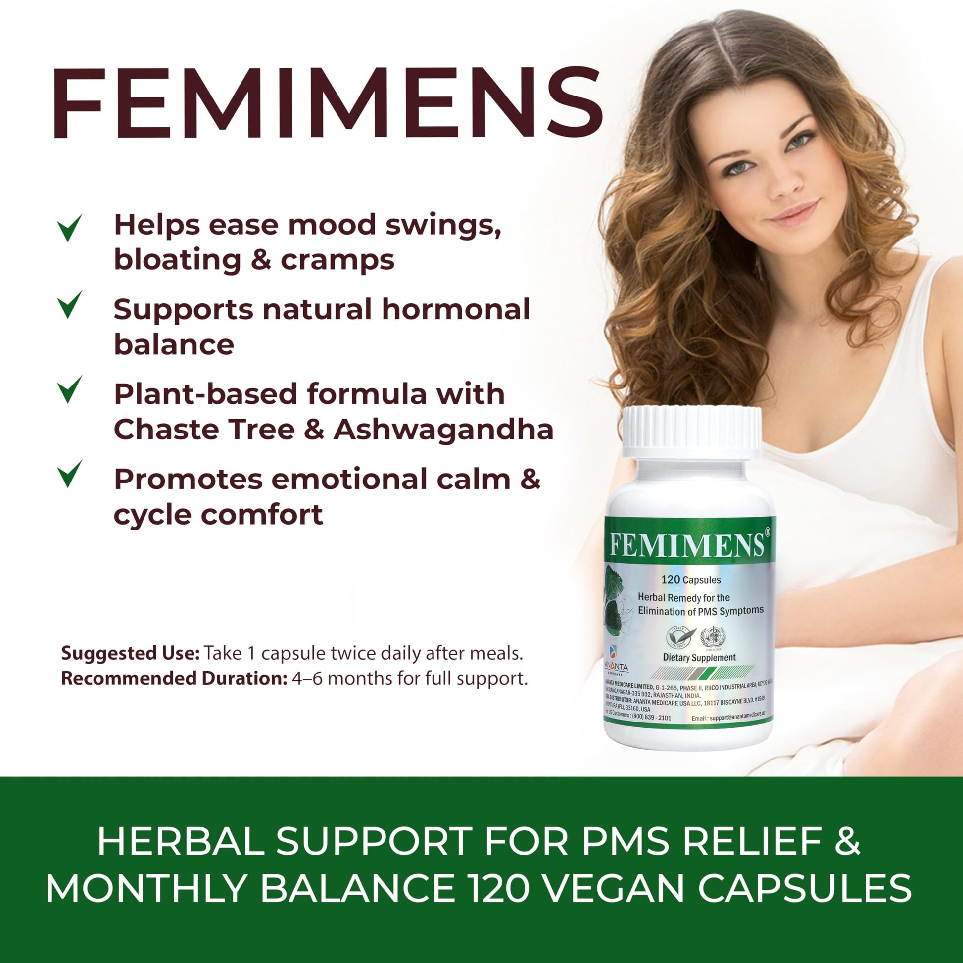 FEMIMENS – PMS Support Supplement for Women – PMS Relief for Women & Menstrual Cramp Relief – Hormonal Balance for Women – Chasteberry Vitex, Ashwagandha, Ginger, Fenugreek – 120 Vegan Capsules Ananta Medicare USA Au supplements