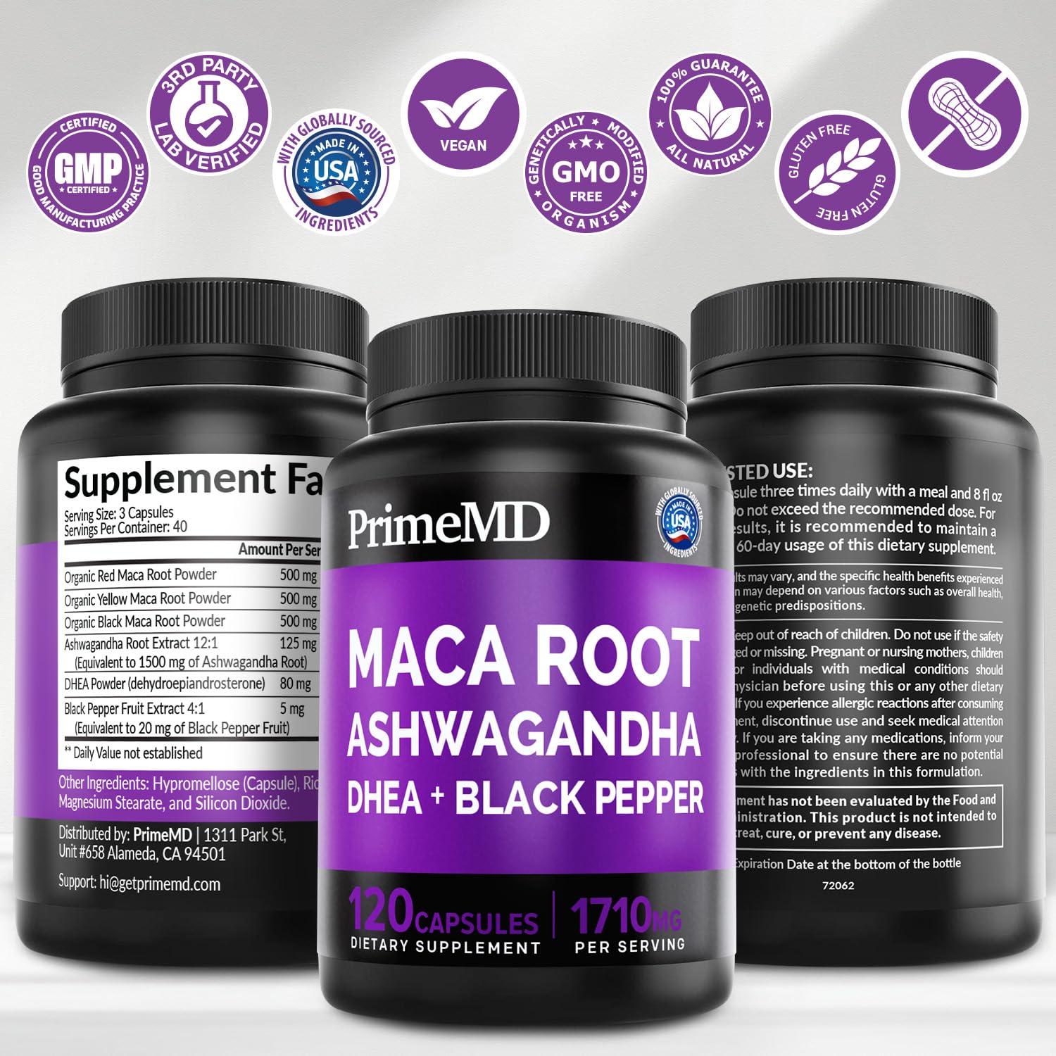 6-in-1 Organic Maca Root Ashwagandha Capsules 1710mg with DHEA and Black Pepper Fruit Extract for Women and Men - Black Maca Supplement for Stamina, Bone and Mood Support Supplement, 120ct (Pack of 3) PrimeMD Au supplements