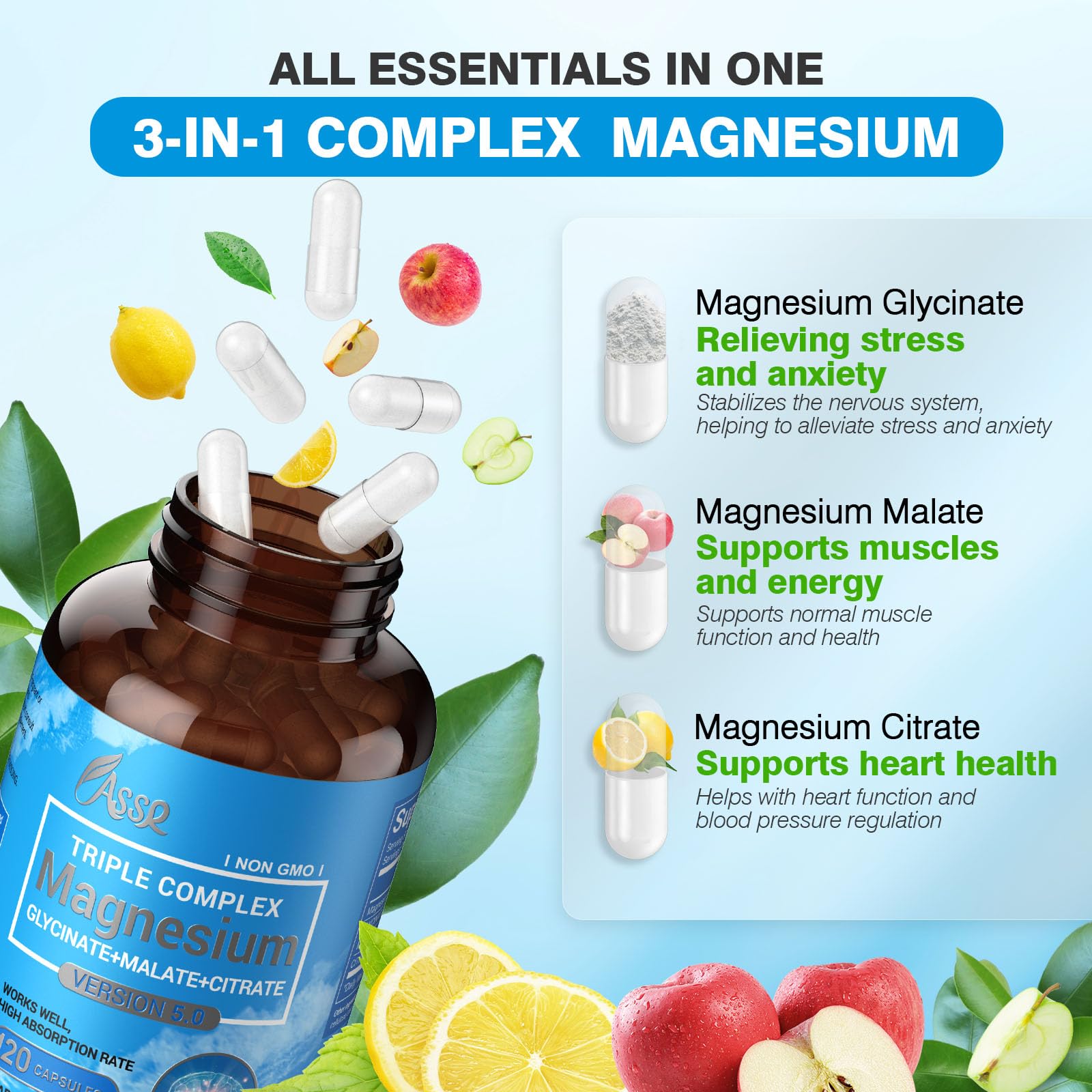 ASSR Triple Magnesium Complex – 300mg Magnesium Supplement with Glycinate, Malate & Citrate – Supports Relaxation, Muscle & Nerve Function – High Absorption, Vegan, Non-GMO, 120 Capsules ASSR Au supplements