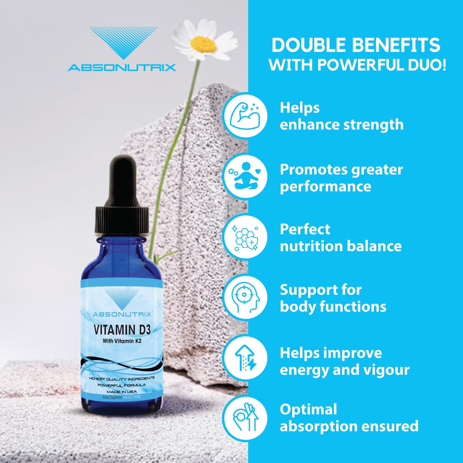 Absonutrix Vitamin D3 K2 Drops, 390mg, 4 Oz Liquid, 302 Servings, Made in USA, Quick Absorption, Quality Potent Ingredients, Non-GMO, GMP Certified, Cruelty-Free Products, Bone Strength Supplements Absonutrix Au supplements