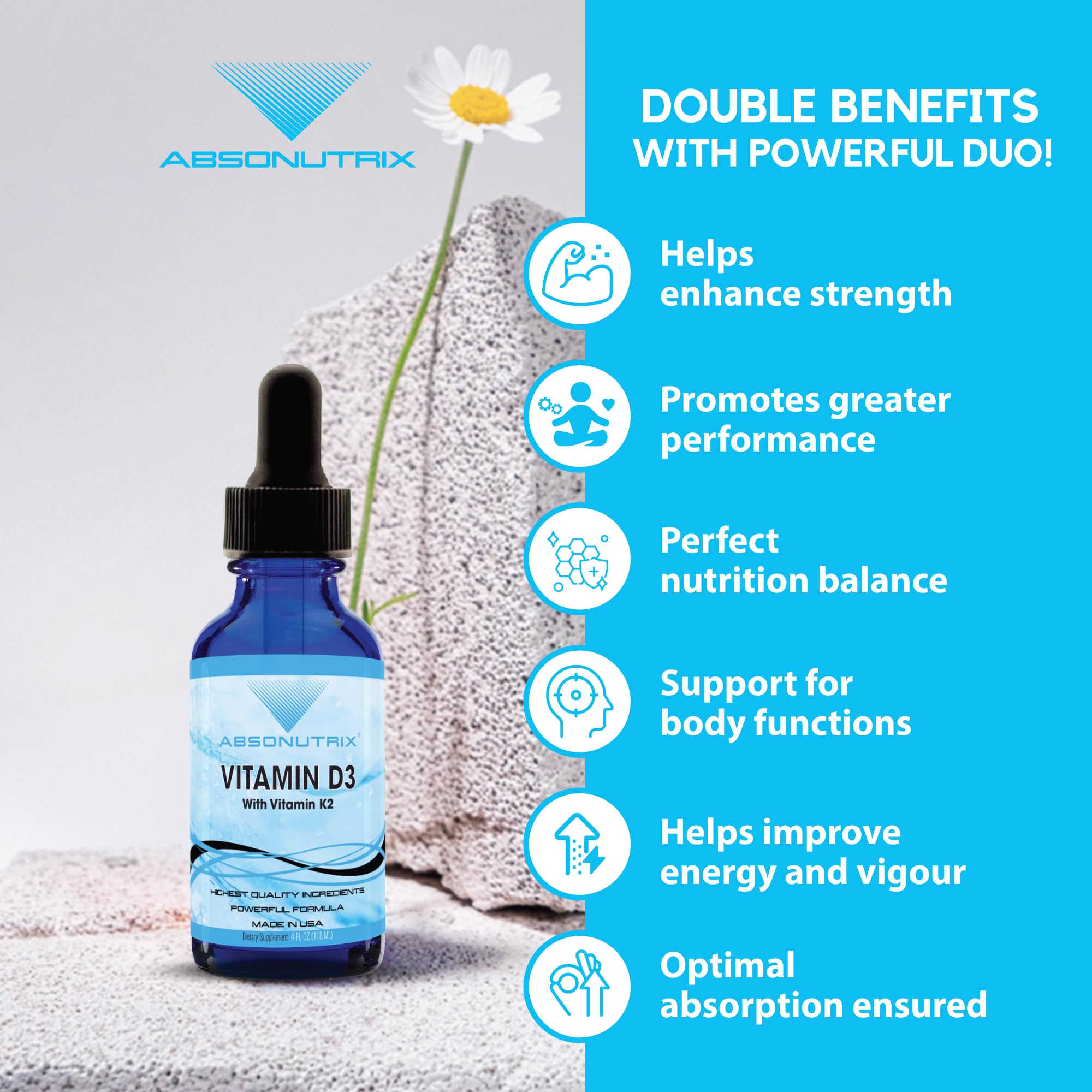 Absonutrix Vitamin D3 K2 Drops, 390mg, 4 Oz Liquid, 302 Servings, Made in USA, Quick Absorption, Quality Potent Ingredients, Non-GMO, GMP Certified, Cruelty-Free Products, Bone Strength Supplements Absonutrix Au supplements