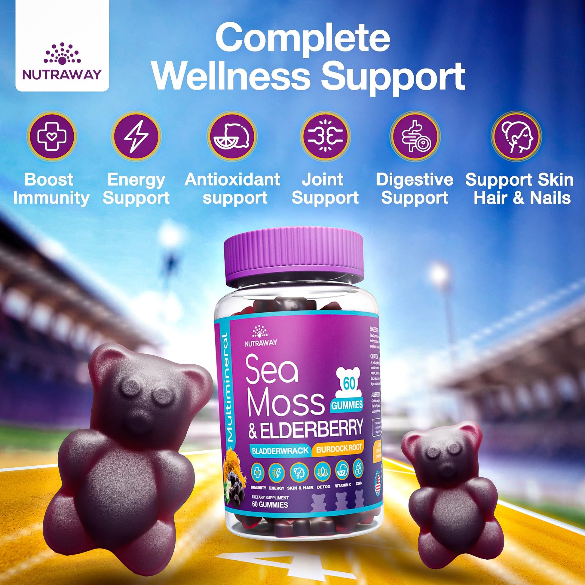 NUTRAWAY LABS Sea Moss Gummies with Elderberry, Vitamin C & Zinc - 102 Minerals from Irish Sea Moss, Bladderwrack & Burdock Root for Immune Support - Vegan Seamoss Supplement (Pack of 1) NUTRAWAY LABS Au supplements