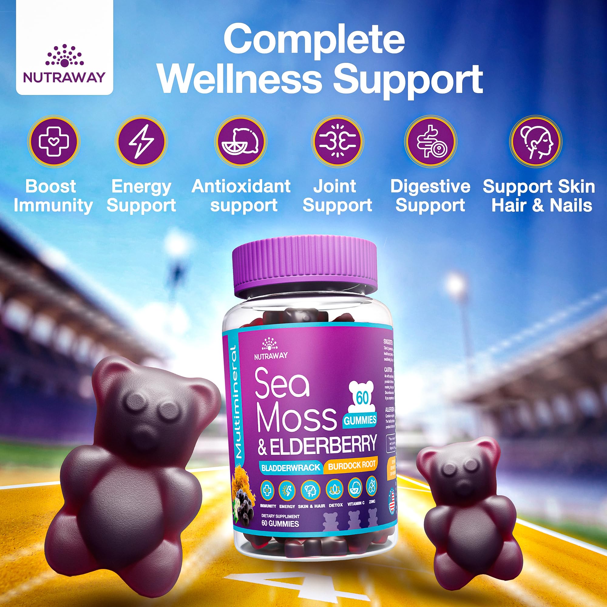 NUTRAWAY LABS Sea Moss Gummies with Elderberry, Vitamin C & Zinc - 102 Minerals from Irish Sea Moss, Bladderwrack & Burdock Root for Immune Support - Vegan Seamoss Supplement (Pack of 1) NUTRAWAY LABS Au supplements