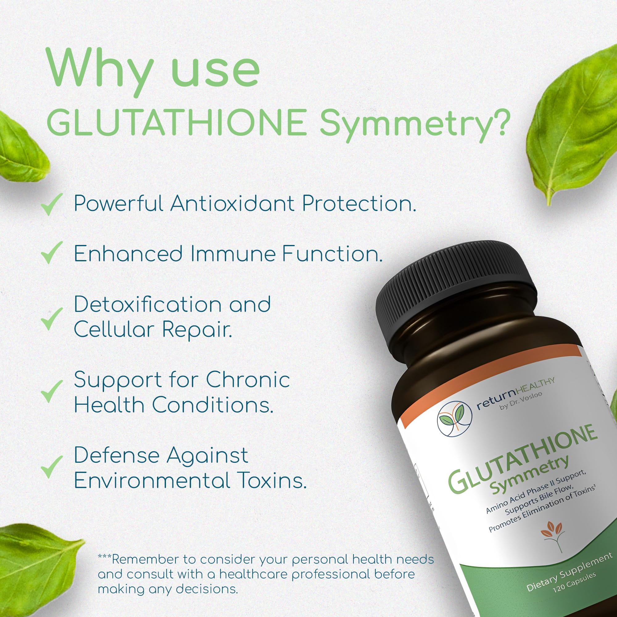 Return Healthy Glutathione Symmetry | S-Acetyl Glutathione Supplement | Antioxidants & Detoxification Supplement | Natural Cellular Support | All-Natural, Vegan, Non-GMO, 120 caps Return Healthy Au supplements