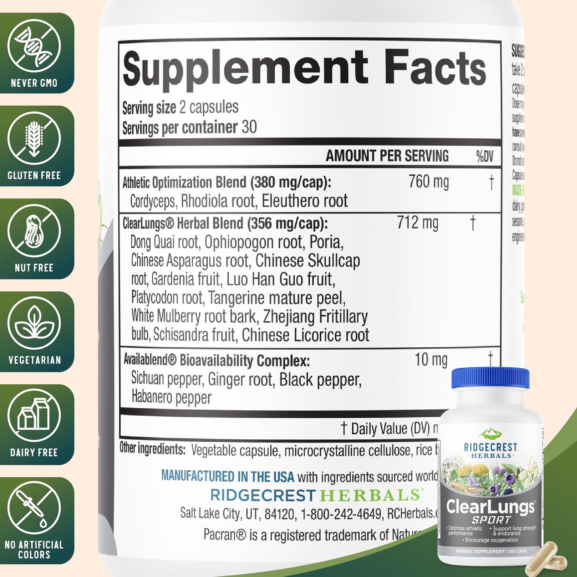 Ridgecrest Herbals ClearLungs Sport, Oxygen Intake and Lung Support Formula with Cordyceps, Rhodiola, Eleuthero (60 Vegan Caps, 30 Serv) RidgeCrest Herbals Au supplements