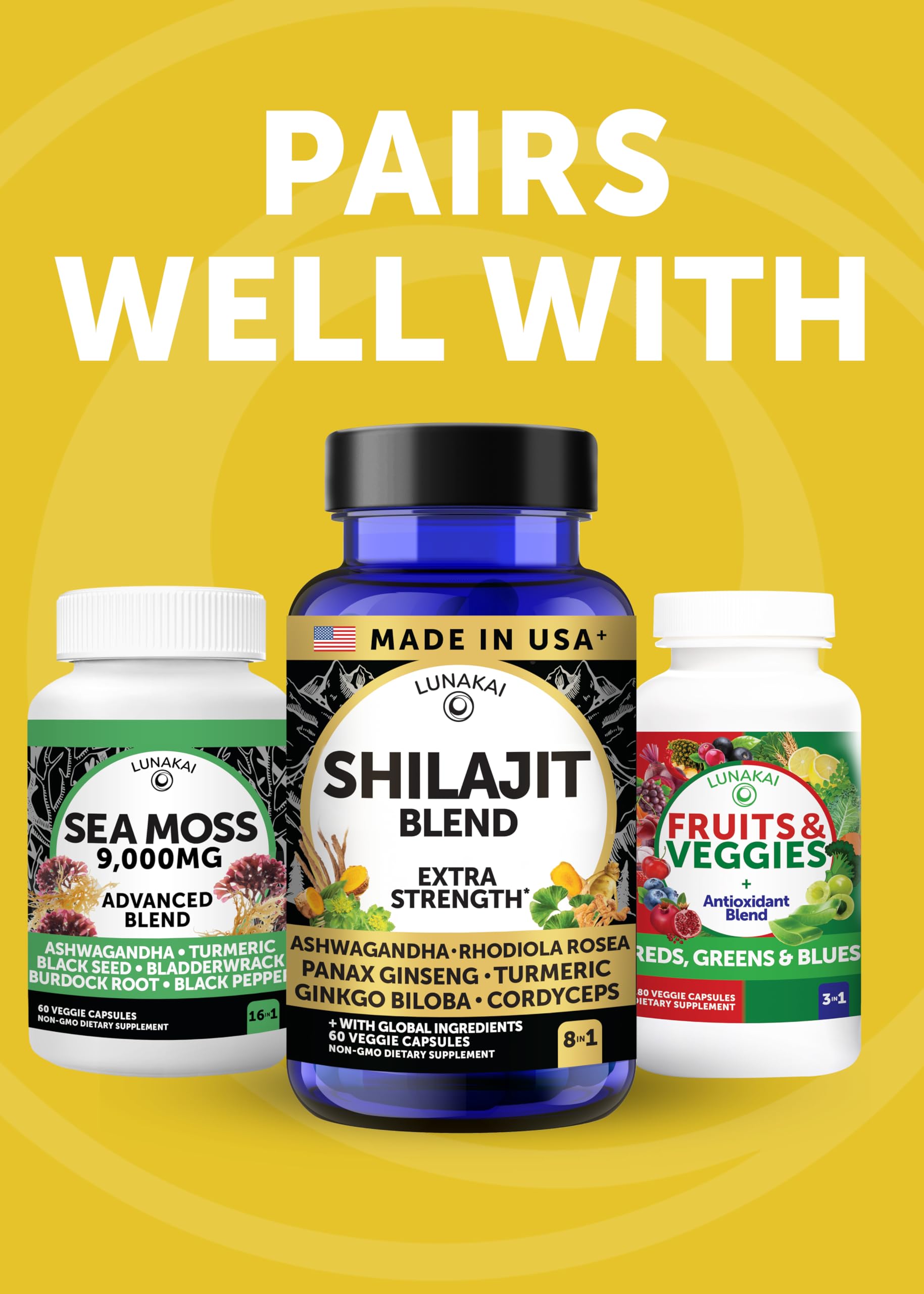 Lunakai USA Made Pure Shilajit Capsules with Ashwagandha, Rhodiola & Cordyceps - Extra Strength Shilajit Extract for Men & Women, 60ct Lunakai Au supplements