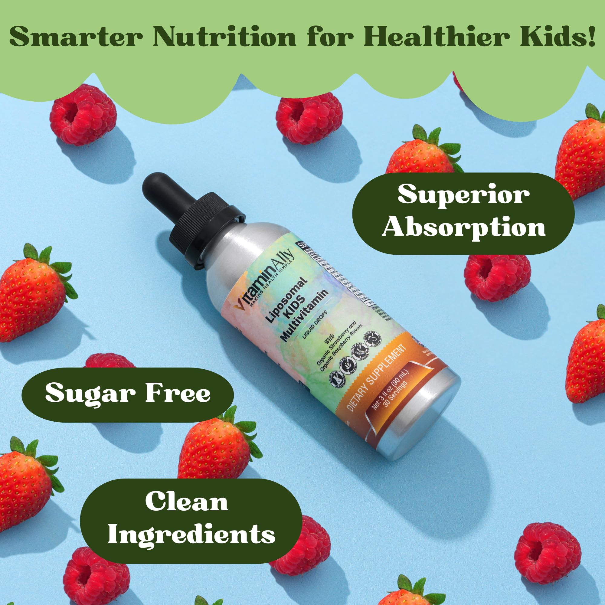 Vitaminally Liposomal Kids Liquid Multivitamin | Non-GMO | Clean | Sugar Free | Gluten Free | Organic Berry Flavors |