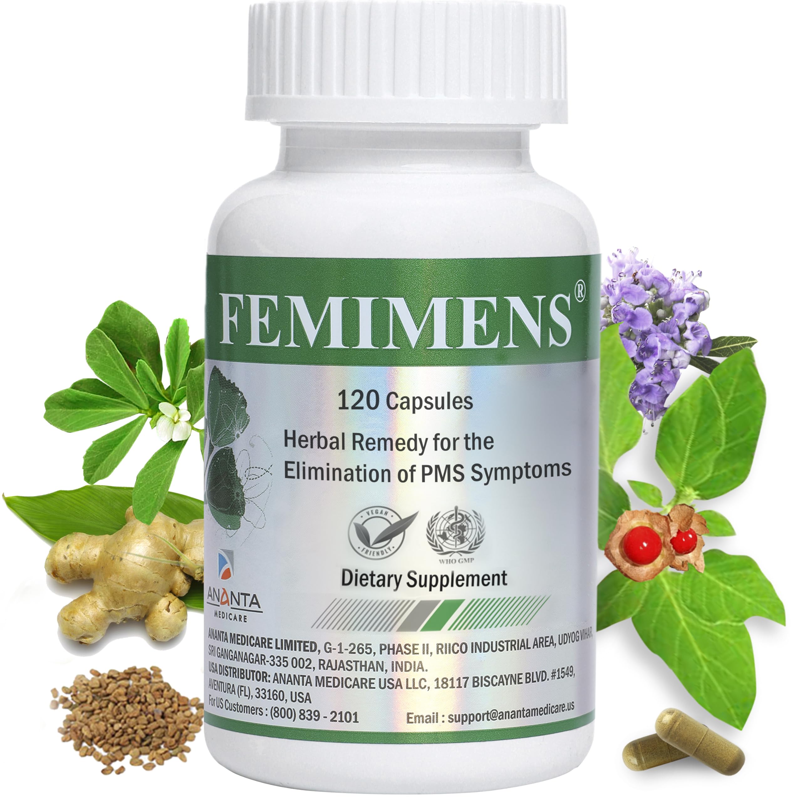 FEMIMENS – PMS Support Supplement for Women – PMS Relief for Women & Menstrual Cramp Relief – Hormonal Balance for Women – Chasteberry Vitex, Ashwagandha, Ginger, Fenugreek – 120 Vegan Capsules Ananta Medicare USA Au supplements