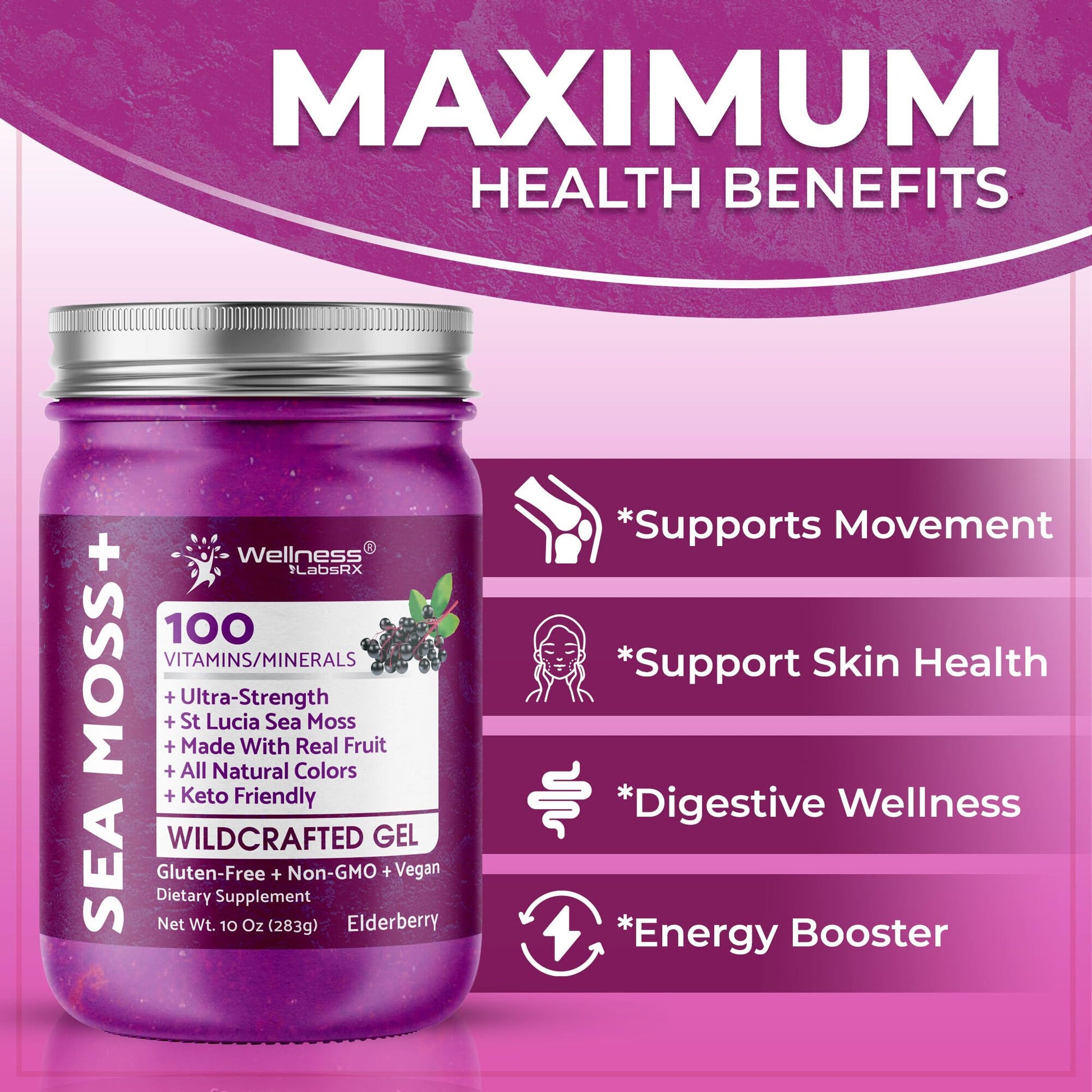 WELLNESS LABSRX Irish Sea Moss Gel Raw - Wildcrafted Superfood Seamoss Gel - Elderberry Flavor, Vitamin and Mineral-Rich from Pristine Caribbean Waters, Immune and Digestive Health Support - 10 oz. WELLNESS LABSRX Au supplements