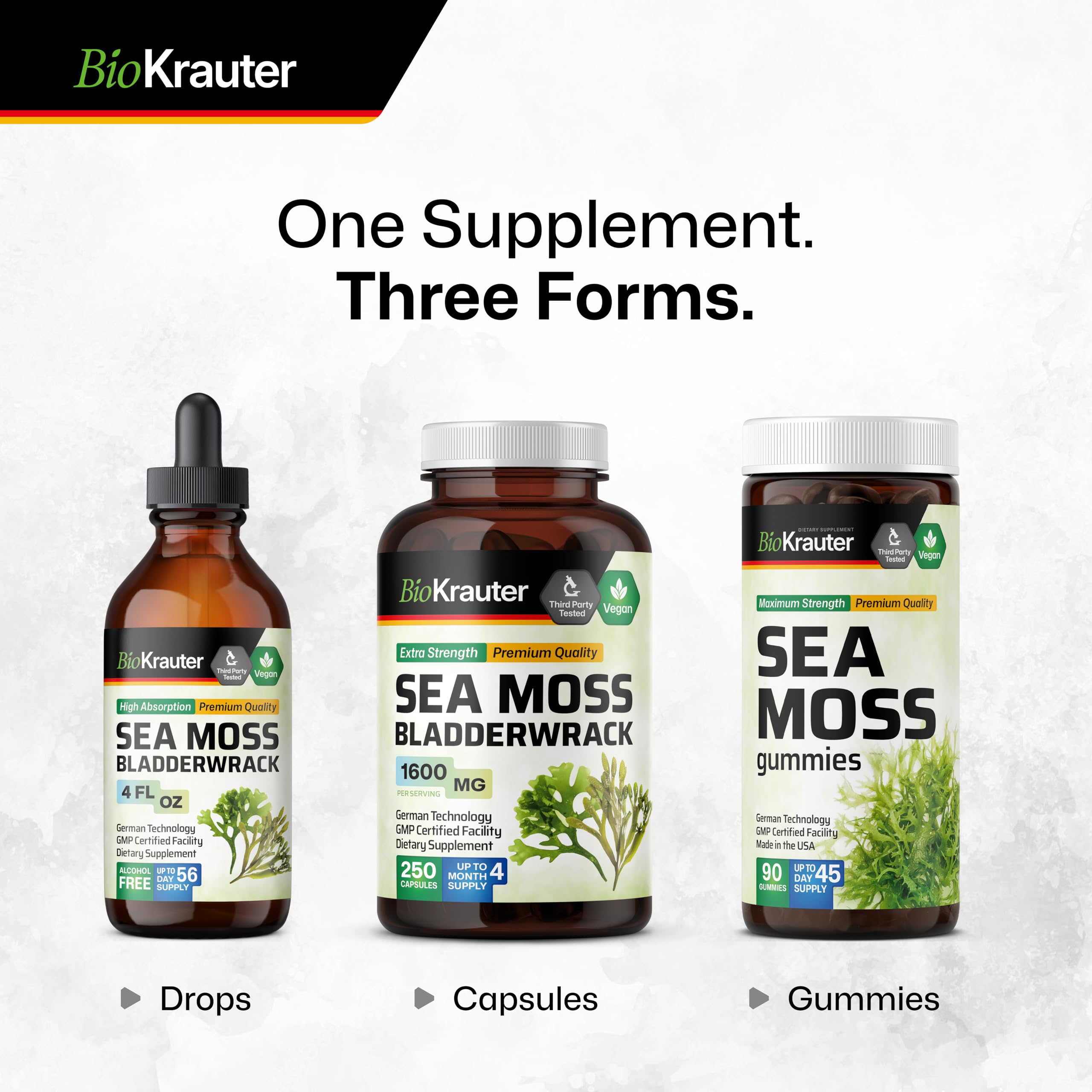 BIO KRAUTER® 3-in-1 Sea Moss for Thyroid Support - Vegan Sea Moss Gummies with Bladderwrack & Burdock Root for Women & Men - 90 Gummies Chondrus Crispus Formula, 45 Days of Supply, Mango Flavor BIO KRAUTER Au supplements