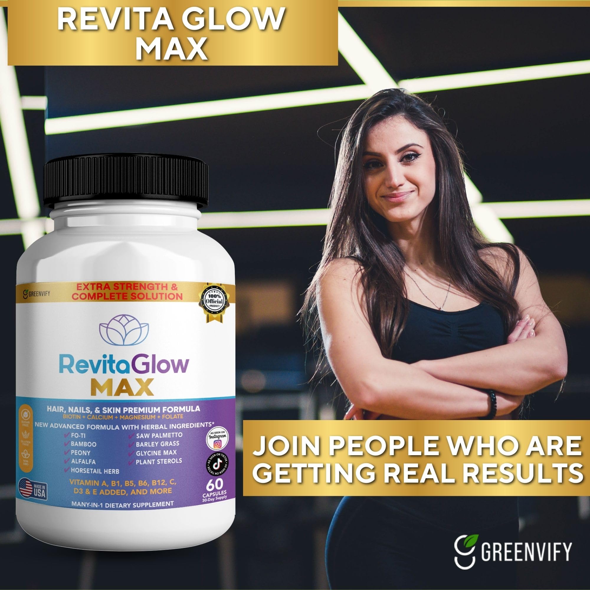 GREENVIFY RevitaGlow Max Hair, Nails & Skin Premium Formula, 60 Capsules, 30-Day Supply, with Biotin, Vitamins A, B1, B5, B6, B12, C, D3, E (1) GREENVIFY Au supplements
