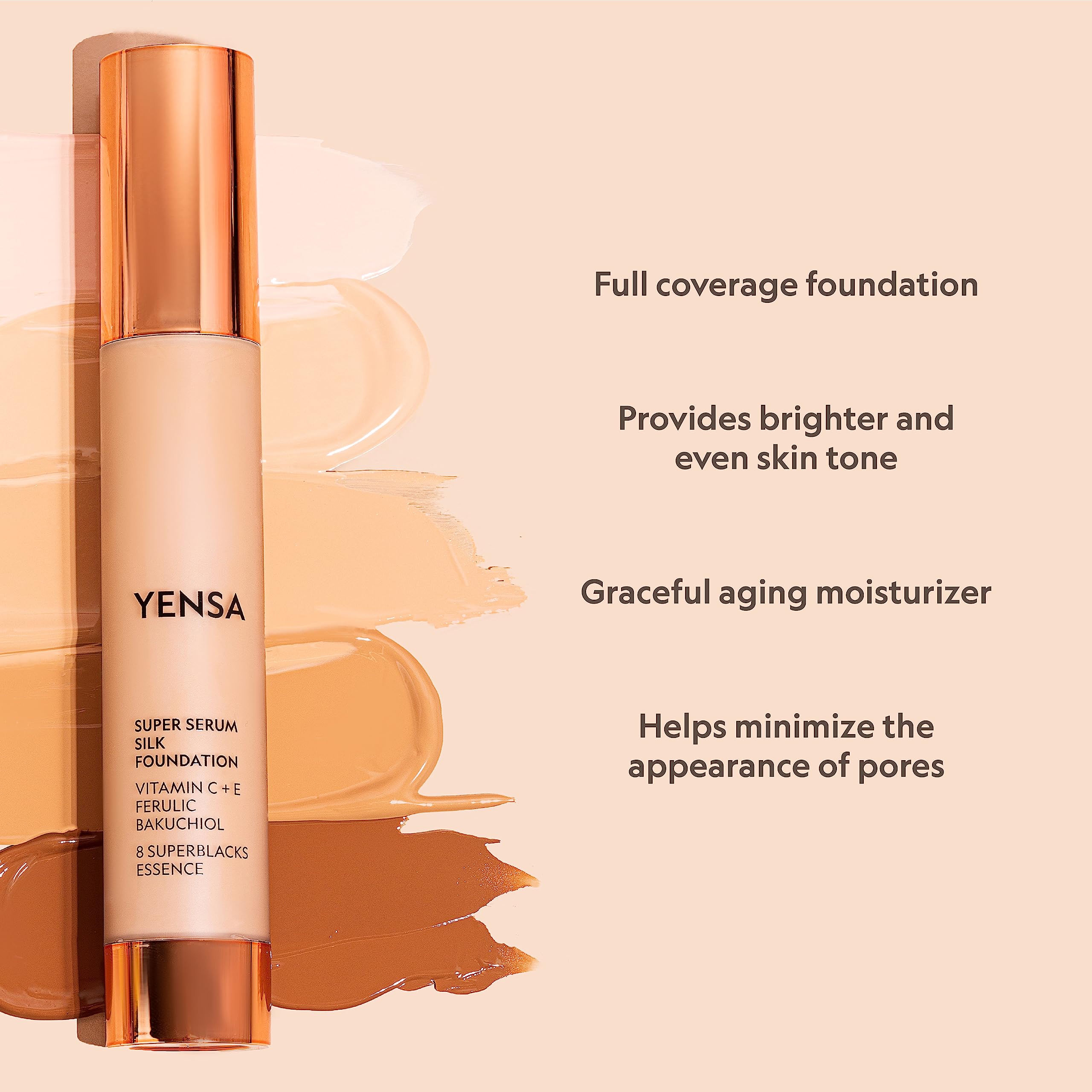YENSA Serum Foundation Makeup - Super Silk Full Coverage Foundation Enriched with Peptides, Vitamin C & Ferulic Acid to Help Reduce Fine Lines, Wrinkles & Dark Circles - Light 1 (1 oz) YENSA Au supplements