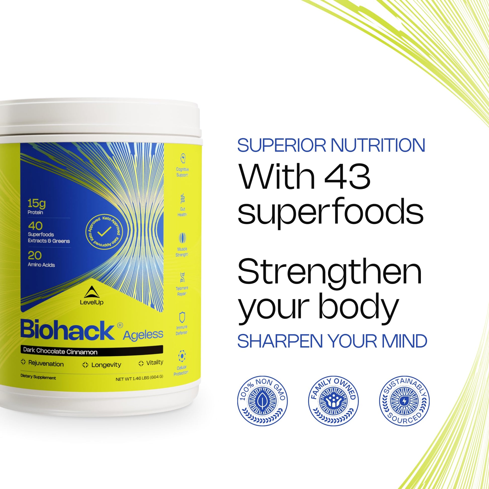 LevelUp Biohack Ageless: Colostrum Collagen Superfoods Antioxidants Spermidine Amino Acids Creatine for Women and Men, Total Body Rejuvenation (Dark Chocolate Cinnamon) LevelUp Au supplements