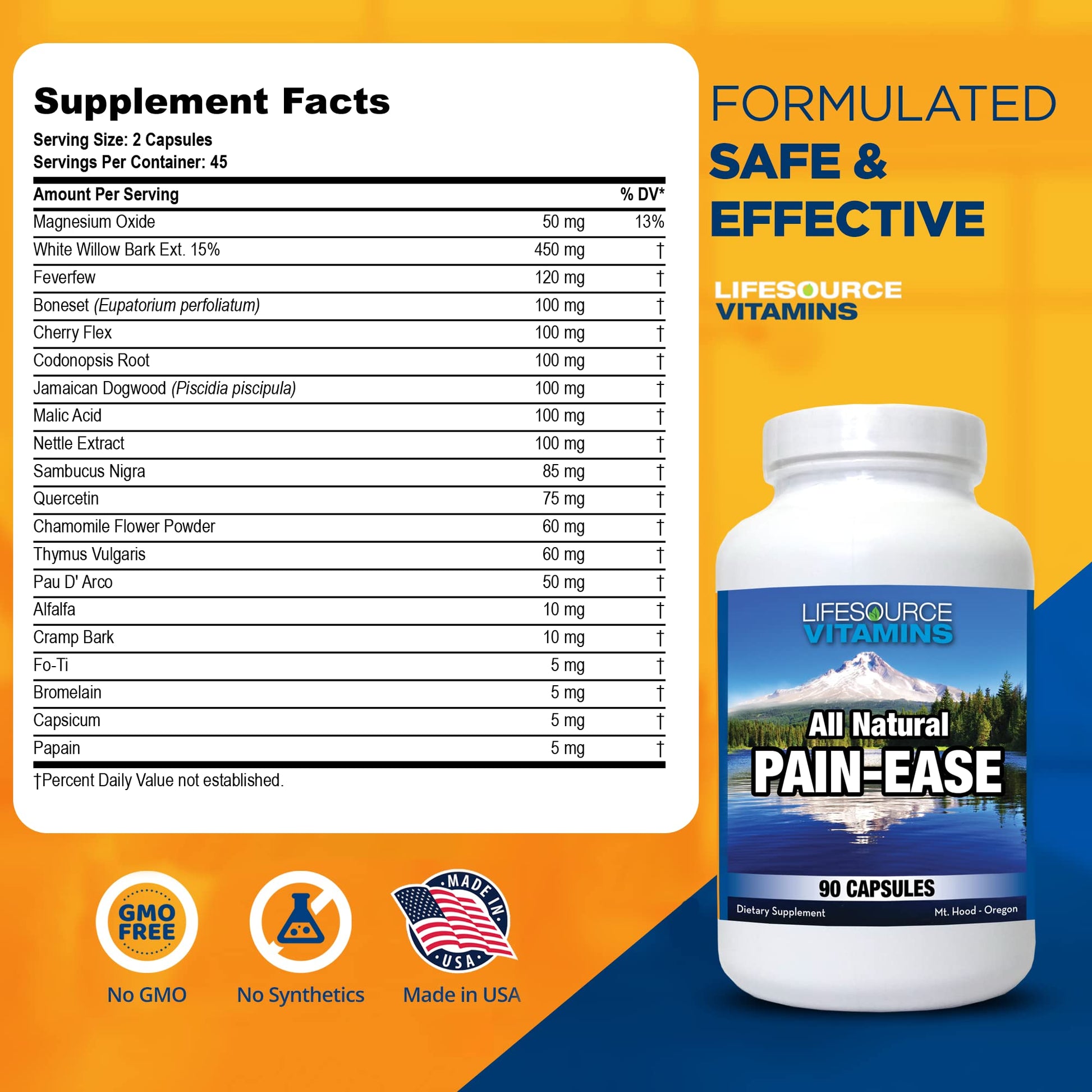 LifeSource Vitamins All Natural Pain Ease – 20 Synergistic Herbs and Enzymes That Naturally & Safely Support: Headaches & Migraines - Knees – Shoulders – Joints – Leg Pain – Tension LifeSource Vitamins Au supplements