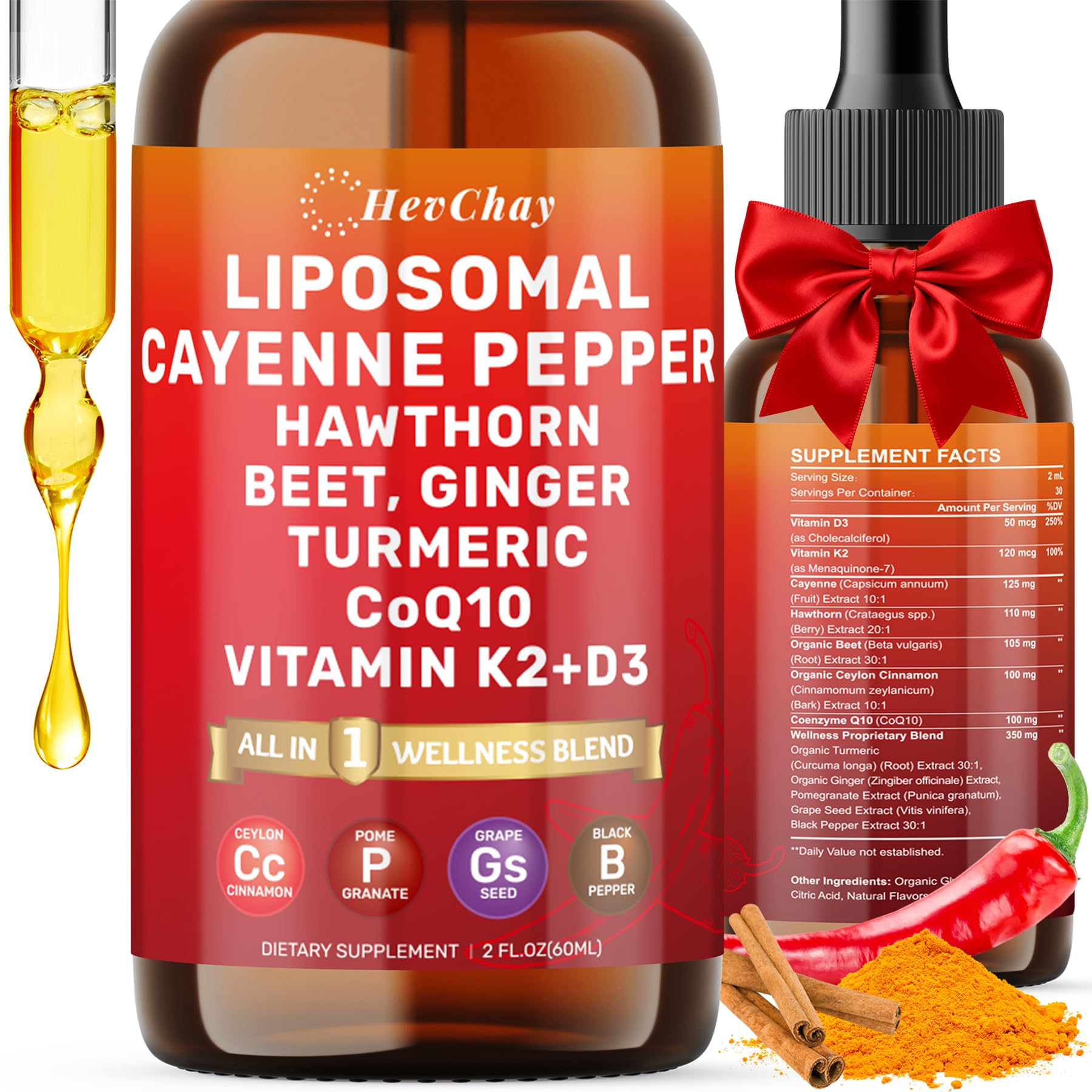 Cayenne Pepper Drops Liposomal Supplement Liquid + Hawthorn Berry, Vitamin D3 K2 Beet Root Powder, Ceylon Cinnamon, CoQ10, Turmeric Curcumin, Cayenne Pepper Extract - 2oz HevChay Au supplements