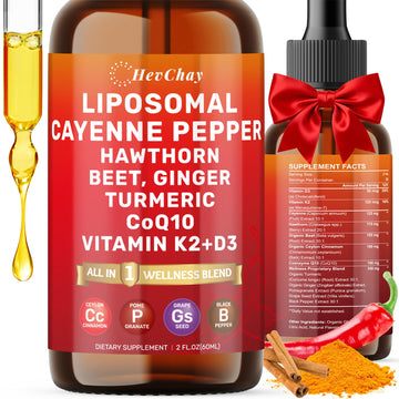 Cayenne Pepper Drops Liposomal Supplement Liquid + Hawthorn Berry, Vitamin D3 K2 Beet Root Powder, Ceylon Cinnamon, CoQ10, Turmeric Curcumin, Cayenne Pepper Extract - 2oz HevChay Au supplements