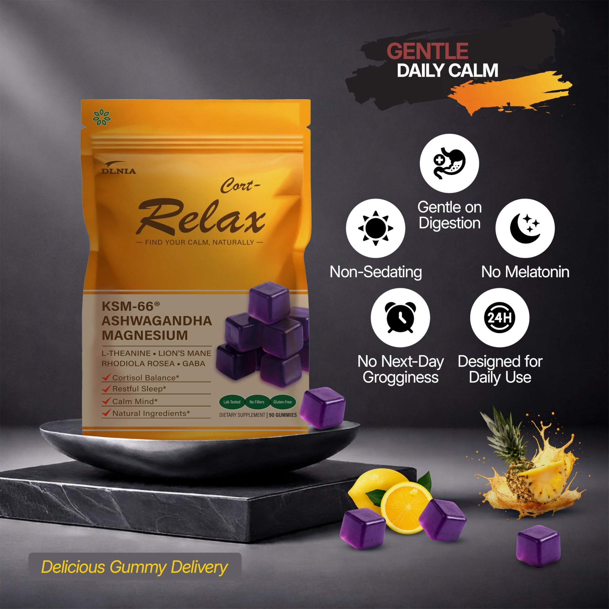 DLNIA Magnesium Glycinate Stress & Cortisol Support Gummies | Calm Focus by Day, Deep Sleep by Night | 17-in-1 with KSM-66® Ashwagandha, L-Theanine & Lion’s Mane DLNIA Au supplements