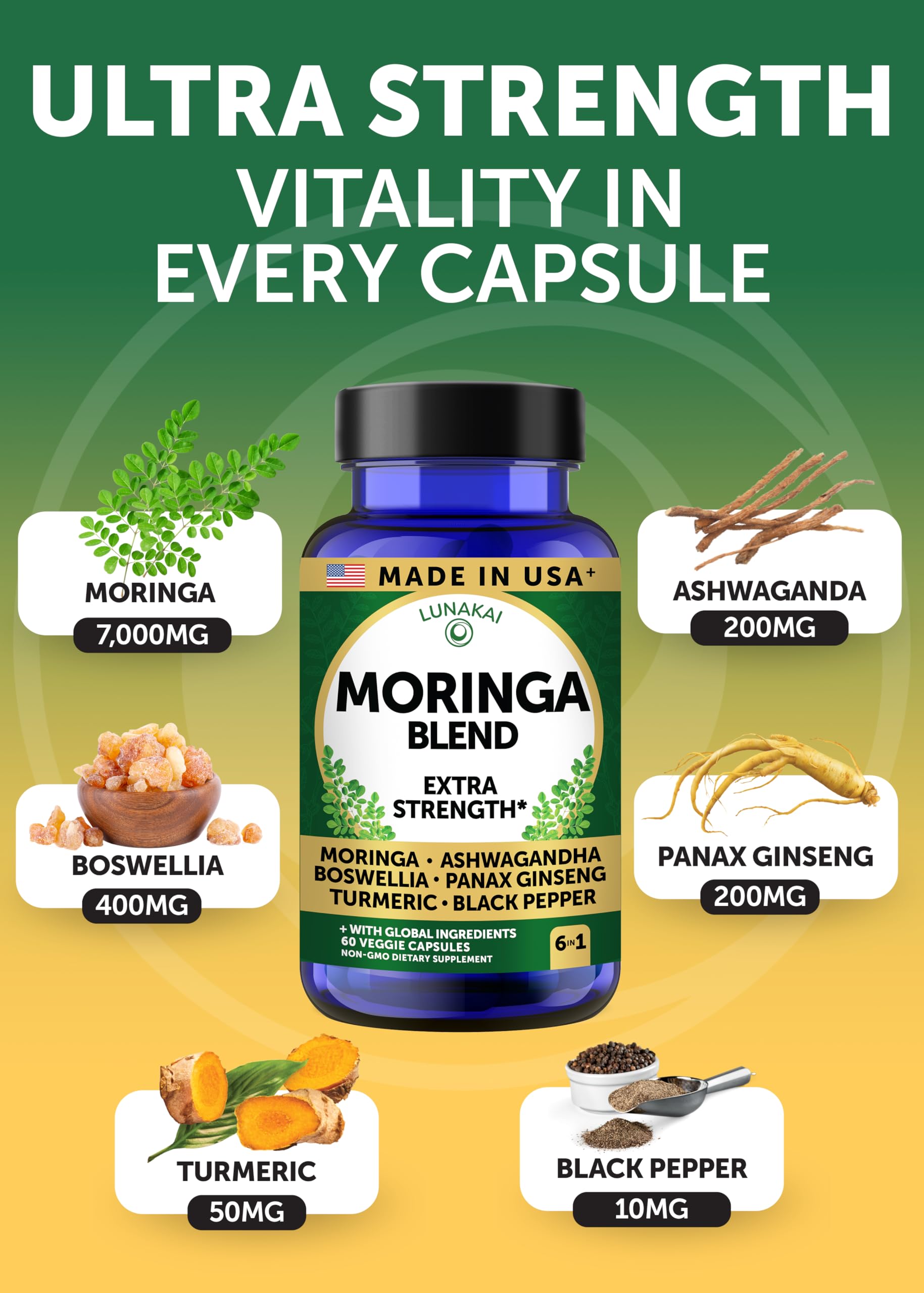 Lunakai USA Made Pure Moringa Capsules – Advanced Moringa Leaf Extract Supplement with Ashwagandha, Boswellia, Ginseng & Turmeric, 60ct Lunakai Au supplements