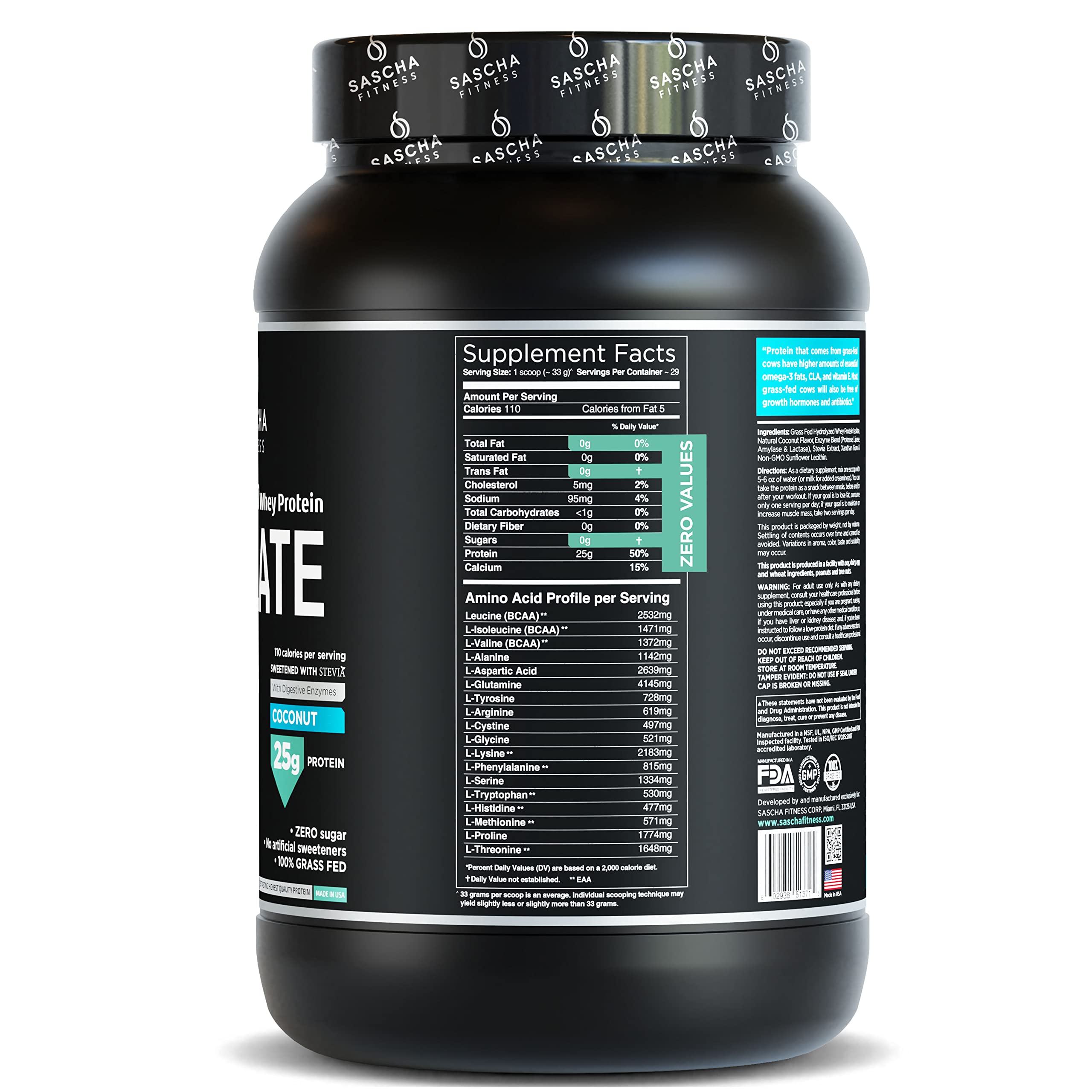 SASCHA FITNESS Hydrolyzed Whey Protein Isolate,100% Grass-Fed (2 Pounds, Coconut) SASCHA FITNESS Au supplements