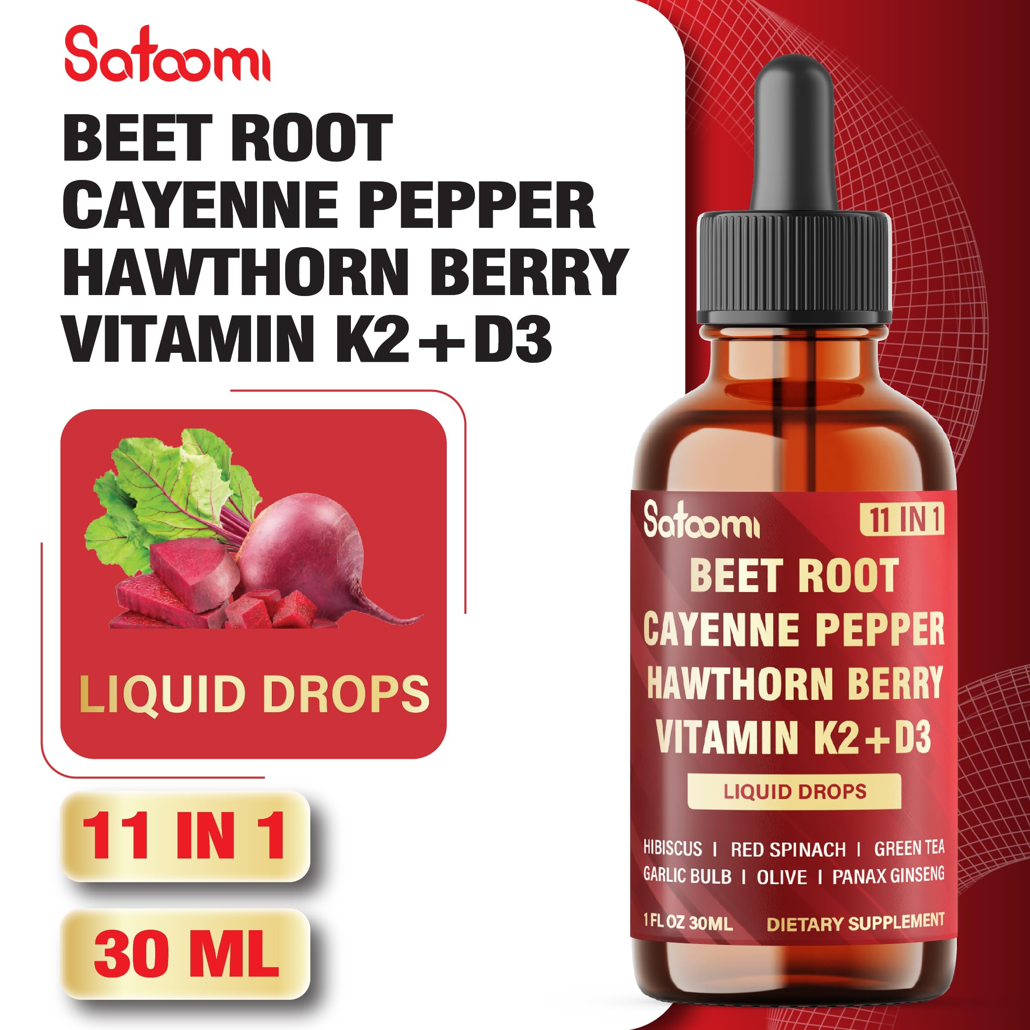 11in1 Beet Root Liquid Drops Supplement with Formula with D3, K2, Hawthorn, Red Spinach, Garlic & Green Tea and More - Supports Immune & Vitality - 1 FL Oz - for 60 Days Satoomi Au supplements
