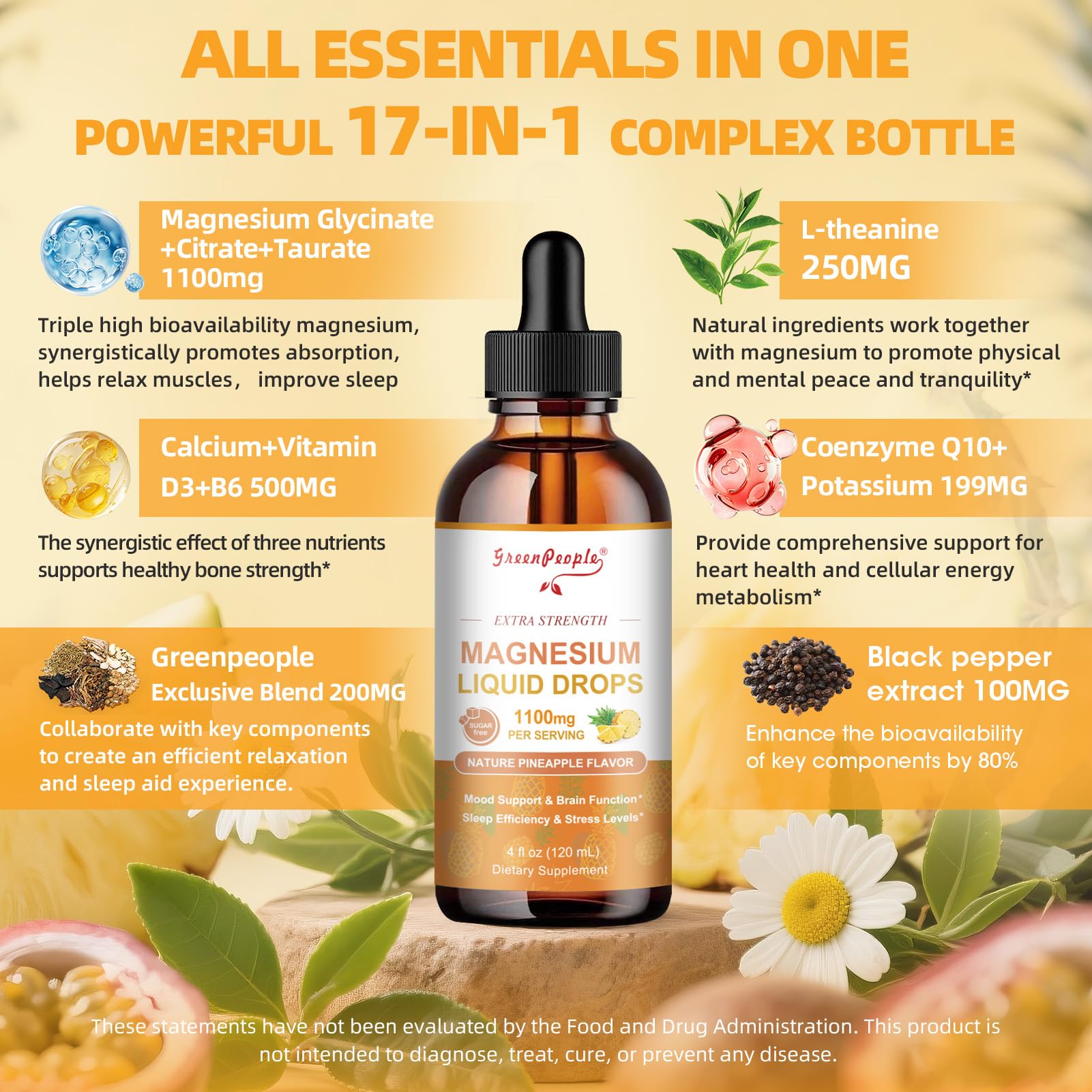 GREENPEOPLE 17-in-1 Triple Magnesium Complex Supplement,Magnesio Liquid Drops with Magnesium Glycinate & Citrate,Pineapple Flavor,Calm Mood,Muscle & Sleep for Adults,4 fl. oz 2Pack GREENPEOPLE Au supplements