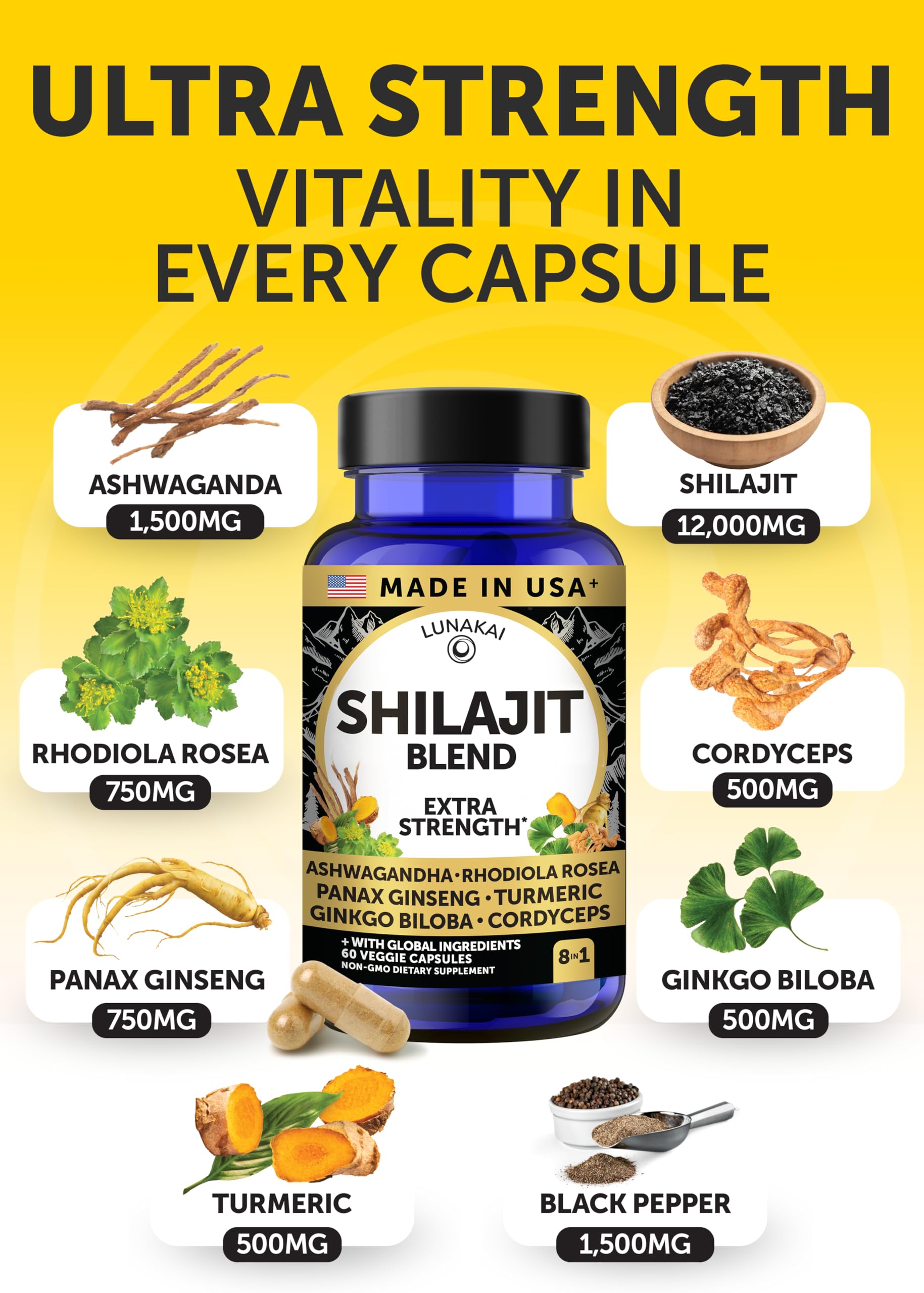Lunakai USA Made Pure Shilajit Capsules with Ashwagandha, Rhodiola & Cordyceps - Extra Strength Shilajit Extract for Men & Women, 60ct Lunakai Au supplements
