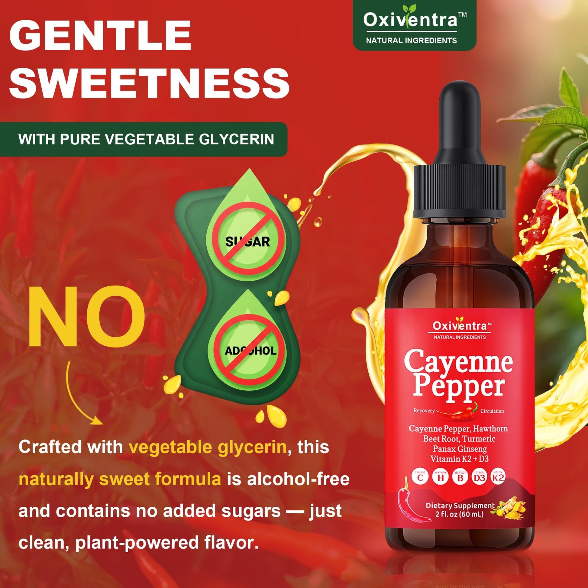 Cayenne Pepper Drops Liquid Supplement Smooth & Sweet Herbal Liquid + Hawthorn Berry, Vitamin D3 K2 Beet Root Powder, Ceylon Cinnamon, Turmeric Curcumin, Organic Panax Ginseng - 2fl oz Oxiventra Au supplements