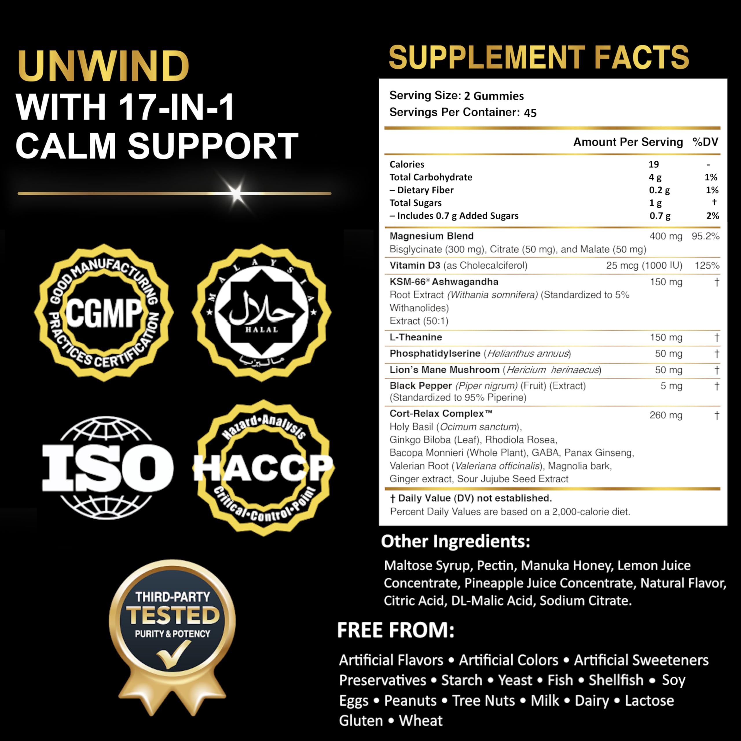 DLNIA Magnesium Glycinate Stress & Cortisol Support Gummies | Calm Focus by Day, Deep Sleep by Night | 17-in-1 with KSM-66® Ashwagandha, L-Theanine & Lion’s Mane DLNIA Au supplements