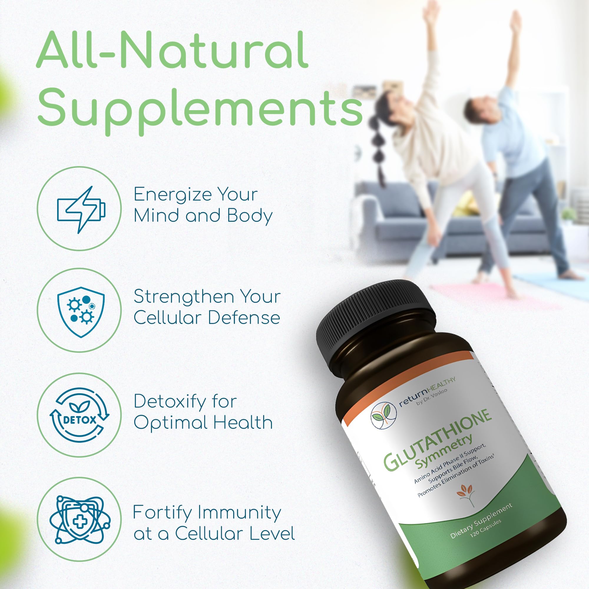 Return Healthy Glutathione Symmetry | S-Acetyl Glutathione Supplement | Antioxidants & Detoxification Supplement | Natural Cellular Support | All-Natural, Vegan, Non-GMO, 120 caps Return Healthy Au supplements