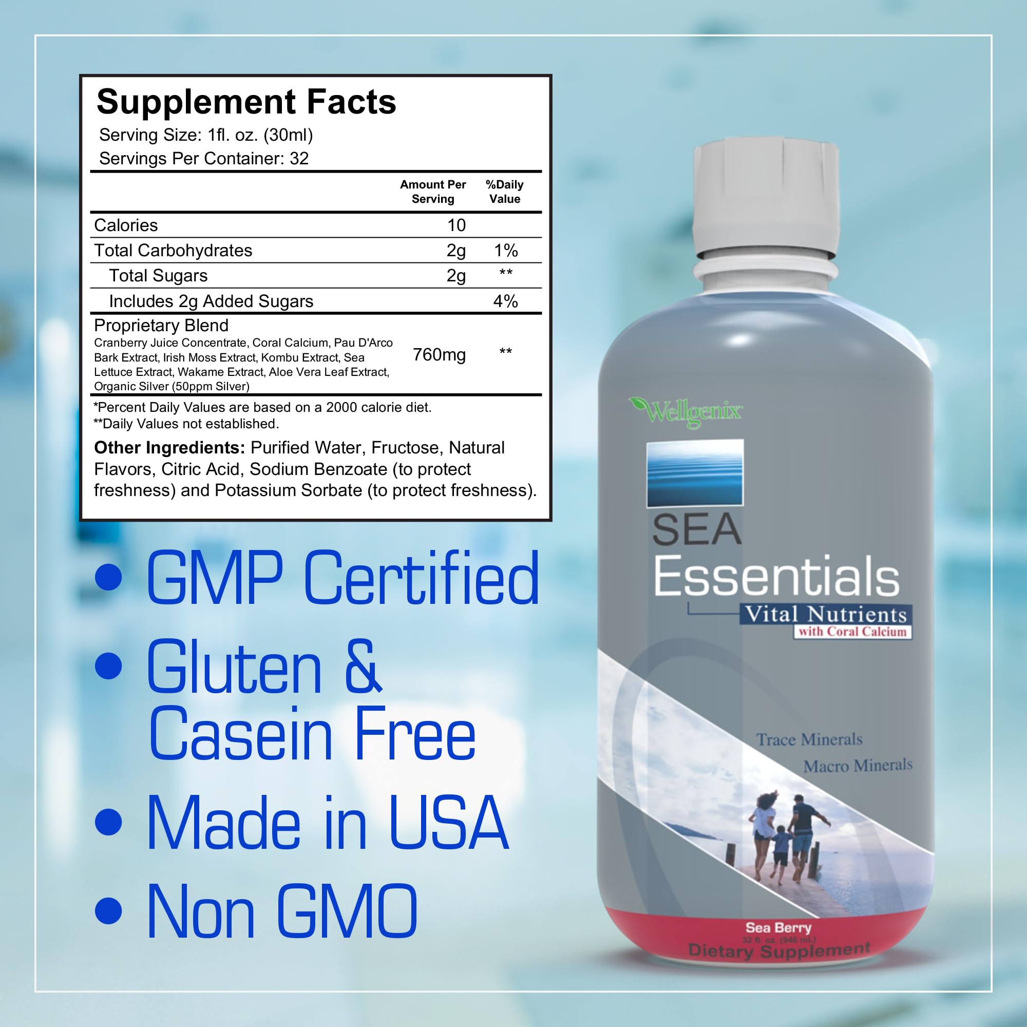 Wellgenix Sea Essentials Liquid Mineral Dietary Supplement with Trace and Macro Minerals and Coral Calcium – Sea Berry Flavor – 32 fl oz Wellgenix Au supplements