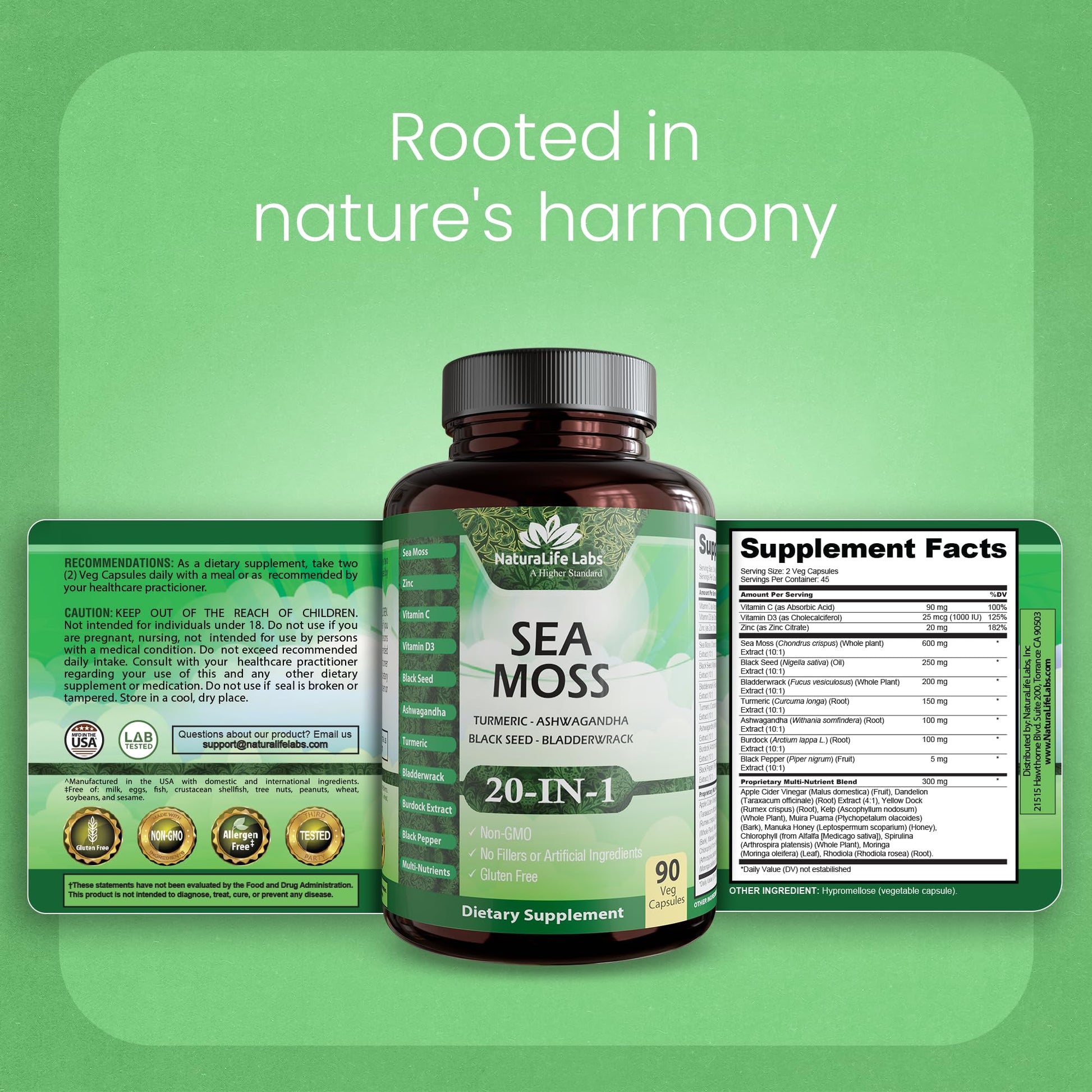 Sea Moss, Black Seed Oil, Bladderwrack, Turmeric, Ashwagandha, Burdock, Vitamin C, D3, Yellow Dock Root, Manuka, Dandelion - 90 Veggie caps NaturaLife Labs Au supplements