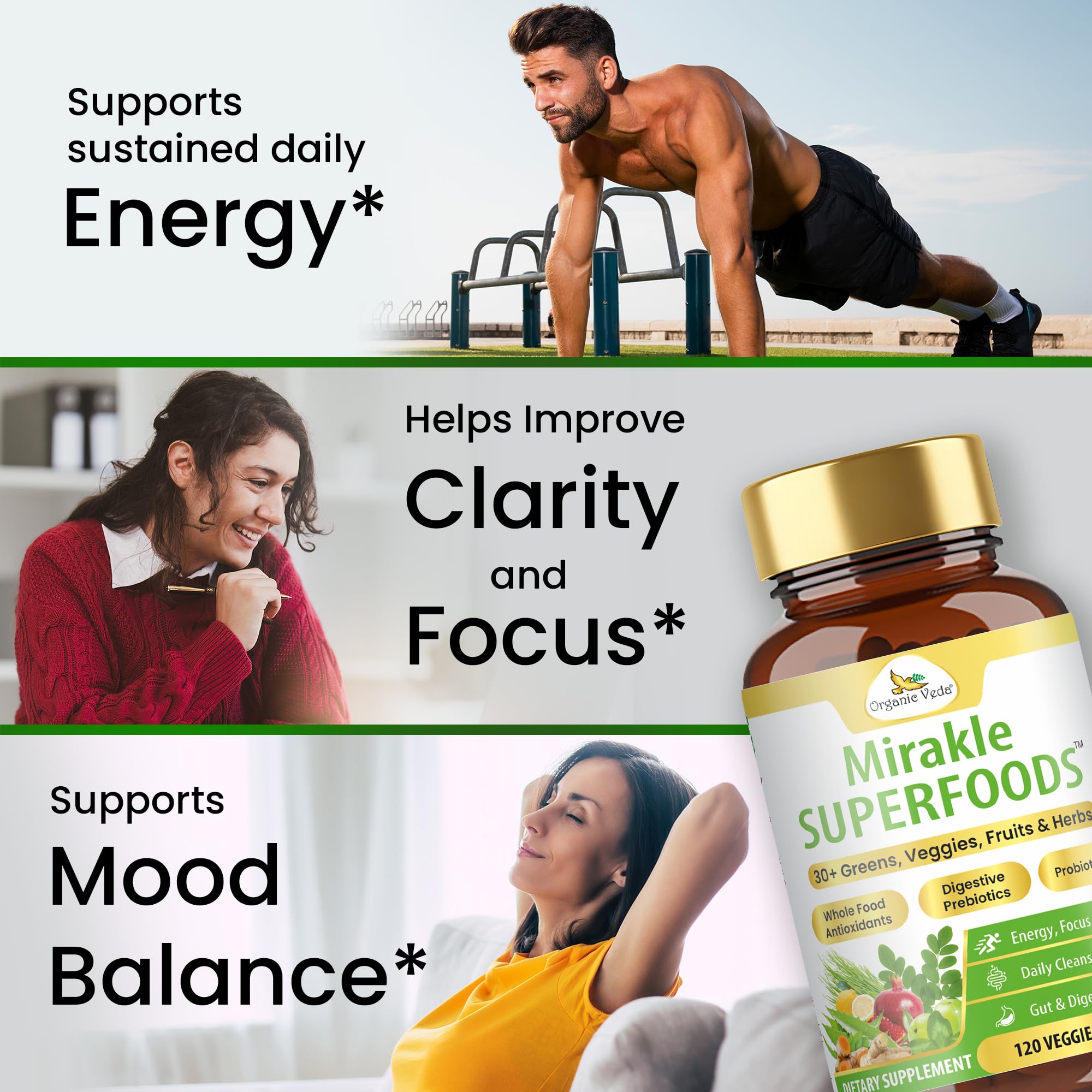 Organic Veda Mirakle Superfoods Greens Capsules - 30+ Daily Greens and Veggies Supplement with Moringa, Spirulina, Chlorella, Turmeric & Herbs, Antioxidants, Resveratrol, Probiotics - 120 Capsule Organic Veda Au supplements