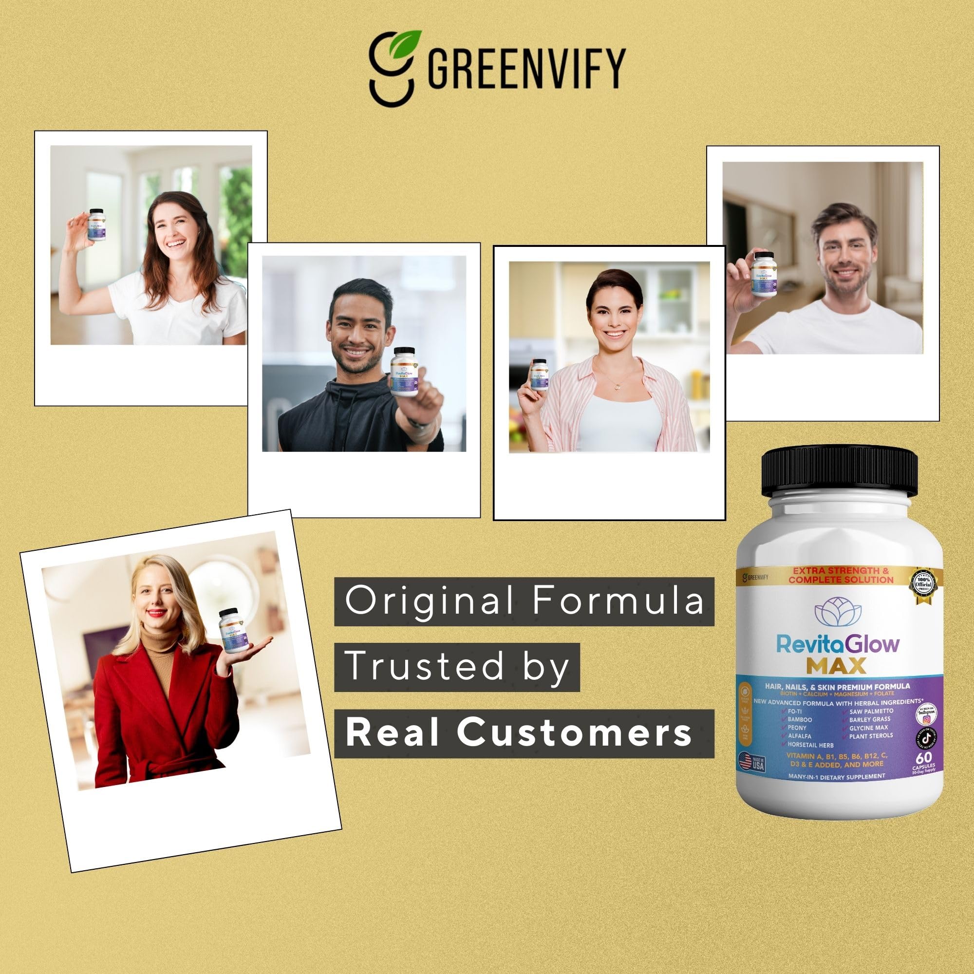 GREENVIFY RevitaGlow Max Hair, Nails & Skin Premium Formula, 60 Capsules, 30-Day Supply, with Biotin, Vitamins A, B1, B5, B6, B12, C, D3, E (1) GREENVIFY Au supplements