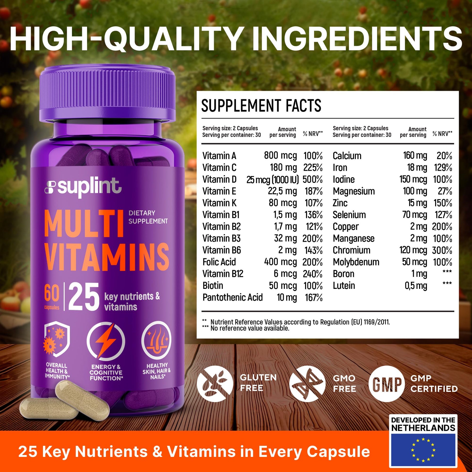 Multivitamin Supplement | Complex with Vitamin A, C, D, E, K1, B, Zinc & Chromium | Hair, Skin & Nail Beauty Vitamins | Immune Support Supplements for Men & Women | 60 Capsules SUPLINT Au supplements