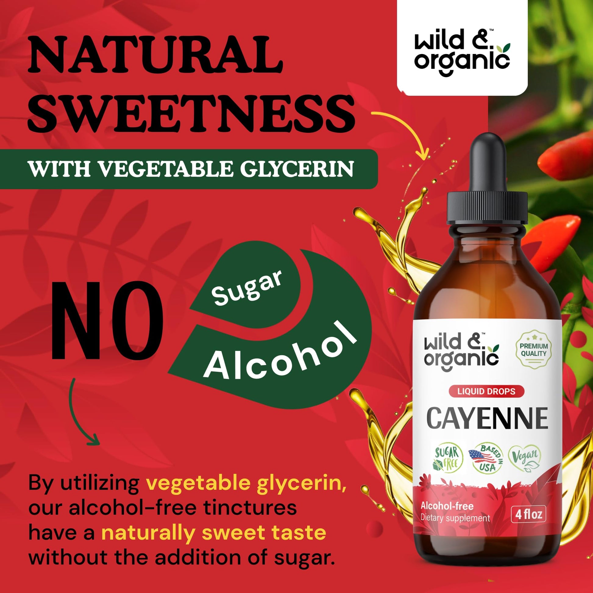 Wild & Organic Cayenne Pepper Tincture - Digestive Support with Capsaicin Extract - Cayenne Pepper Liquid Drops for Overall Well-Being - Unflavored, Vegan, Sugar & Alcohol-Free - 4 fl oz Wild & Organic Au supplements