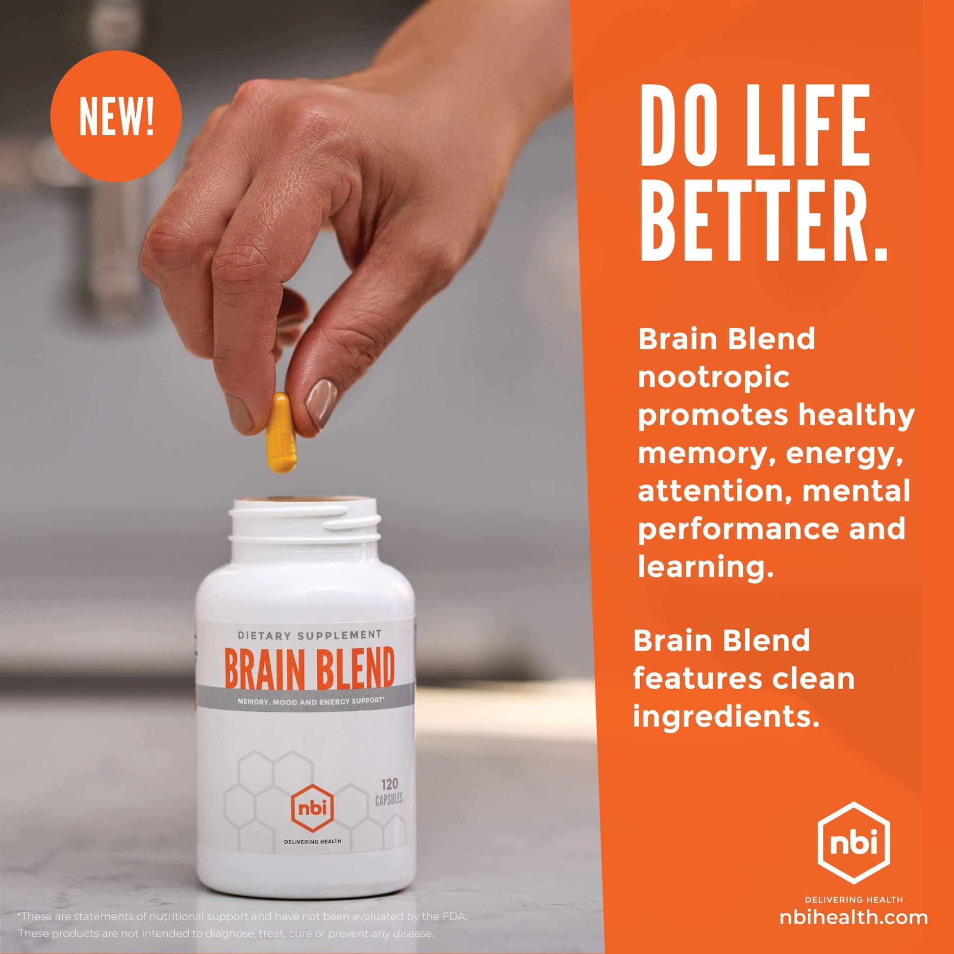 NBI Brain Blend for Memory, Focus, Concentration, Cognitive Function for Men & Women | Caffeine-Free with ALCAR, Alpha Lipoic Acid, Huperzine A, Turmeric | Nootropic | 120ct Capsules NBI Au supplements