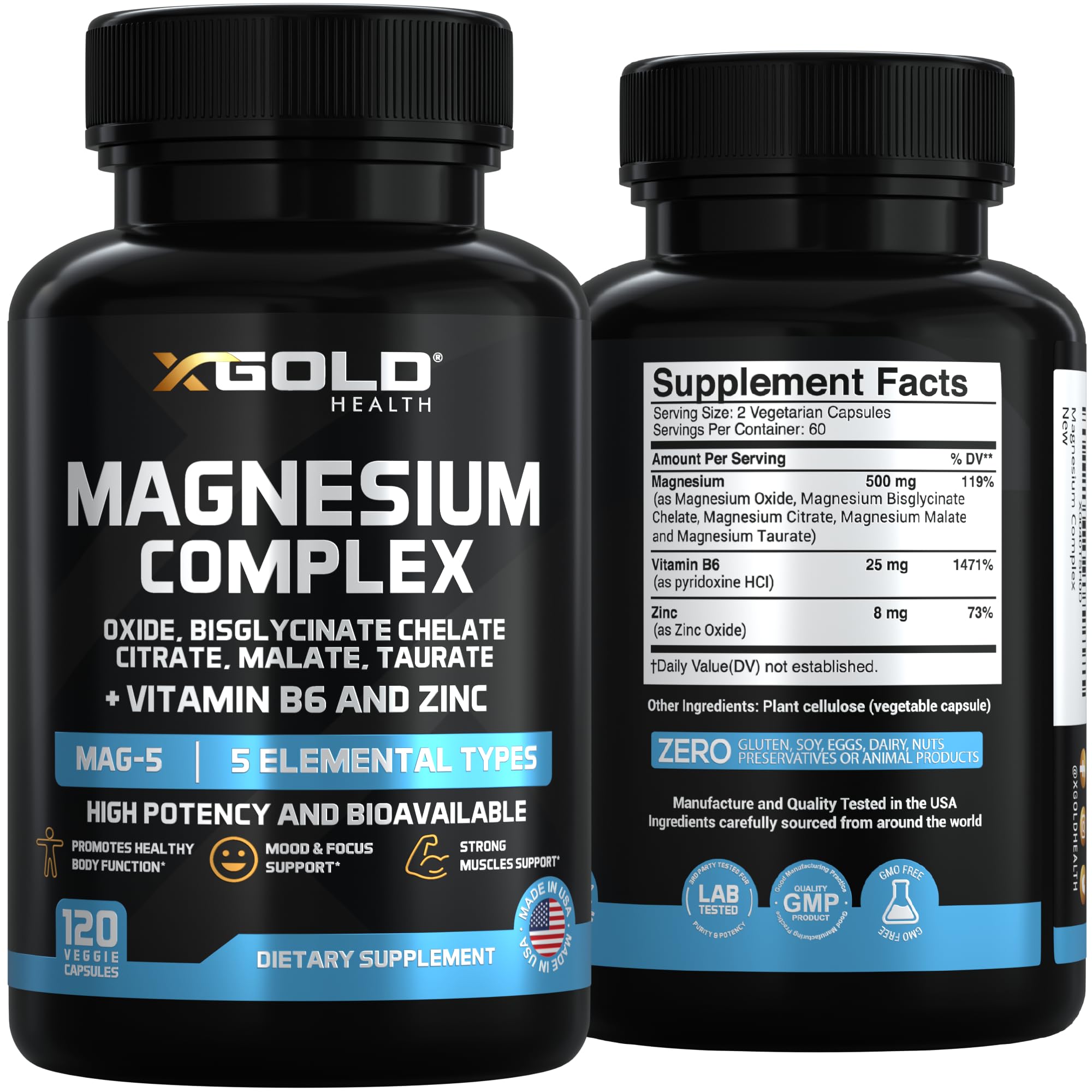 X Gold Health Magnesium Complex 5-in-1 with Zinc & B6 High Absorption Capsules (Glycinate, Citrate, Malate, Taurate, Oxide) Muscle Recovery, Energy, Sleep Support & Immune Health 500mg Made in USA X Gold Health Au supplements