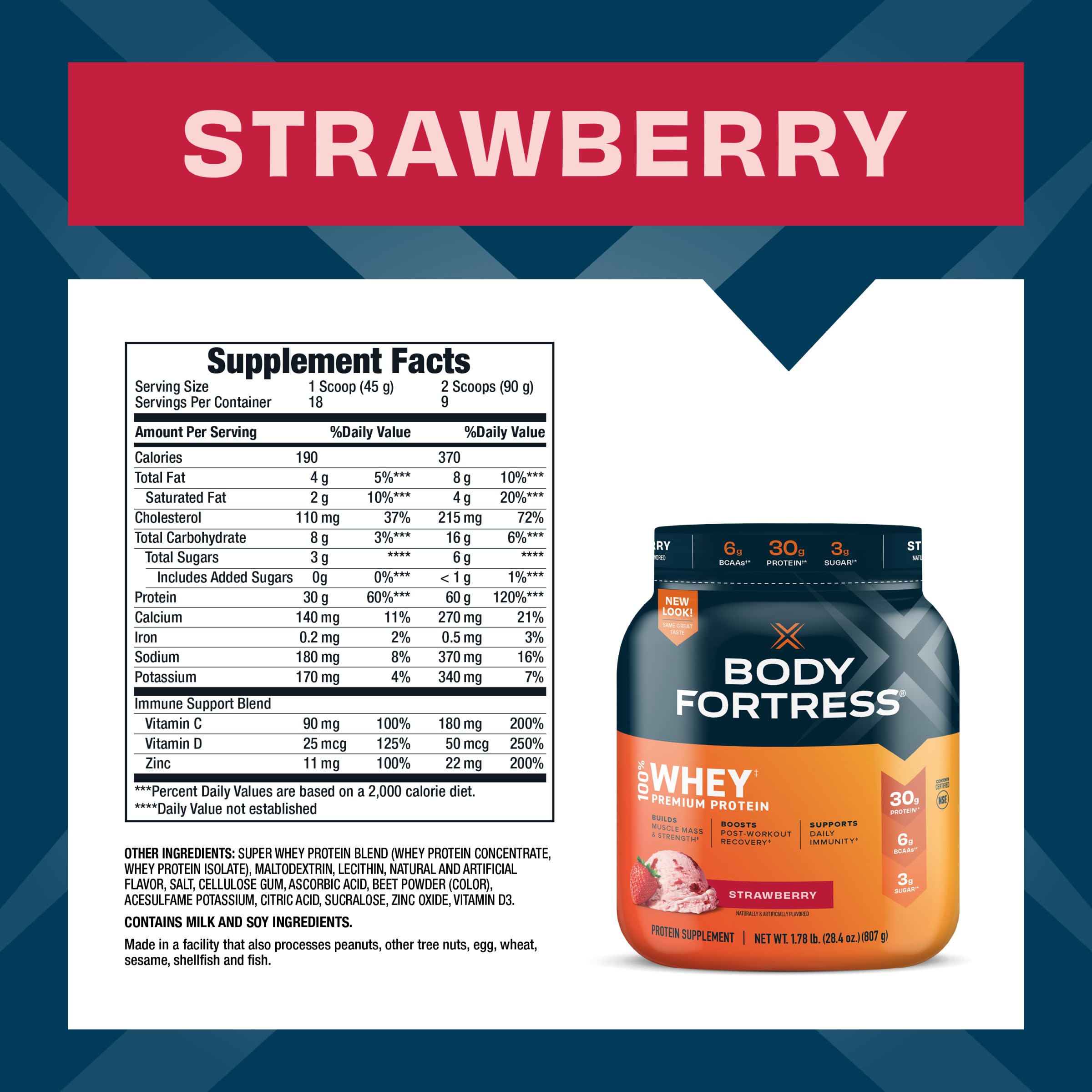 Body Fortress 100% Whey, Premium Protein Powder, Strawberry, 1.78lbs Packaging May Body Fortress Au supplements