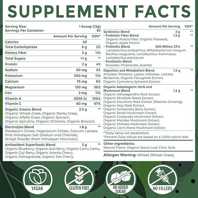 Super Greens Powder Superfood + Electrolytes & Tonic Herbs | Organic Greens, Shilajit, Adaptogens, Antioxidants, Preobiotic & Probiotic & Postbiotic| for Energy, Gut & Immune| Unflavored - 30 Servings Sundhedsliv Au supplements