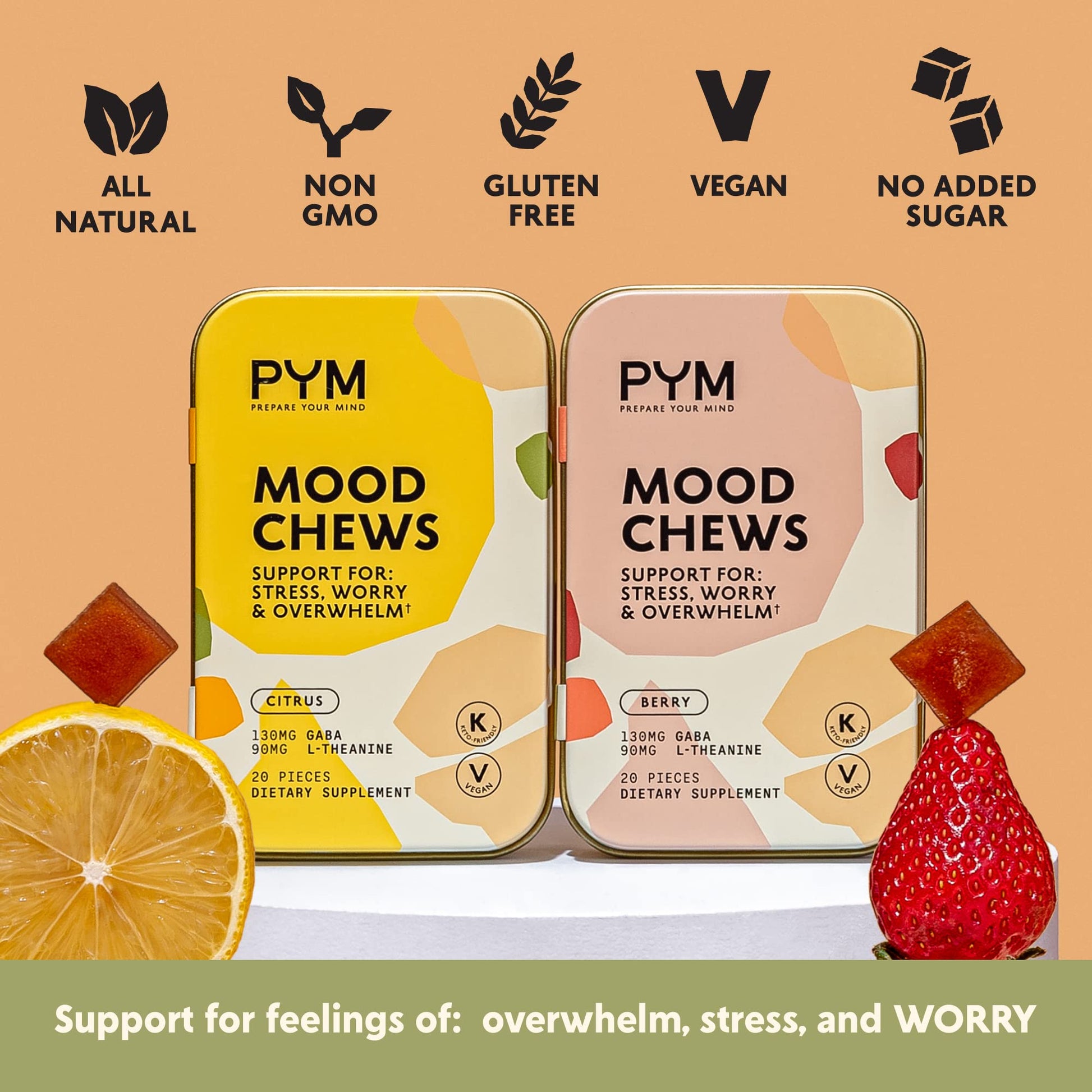 PYM Citrus Mood Chews Support for Stress, Worry & Overwhelm, 120 Count | 130mg GABA, 90mg L-Theanine | Vegan, Non-GMO, Gluten-Free, No Added Sugar | All-Natural Mood Balance Supplement Made in USA PYM Health Au supplements