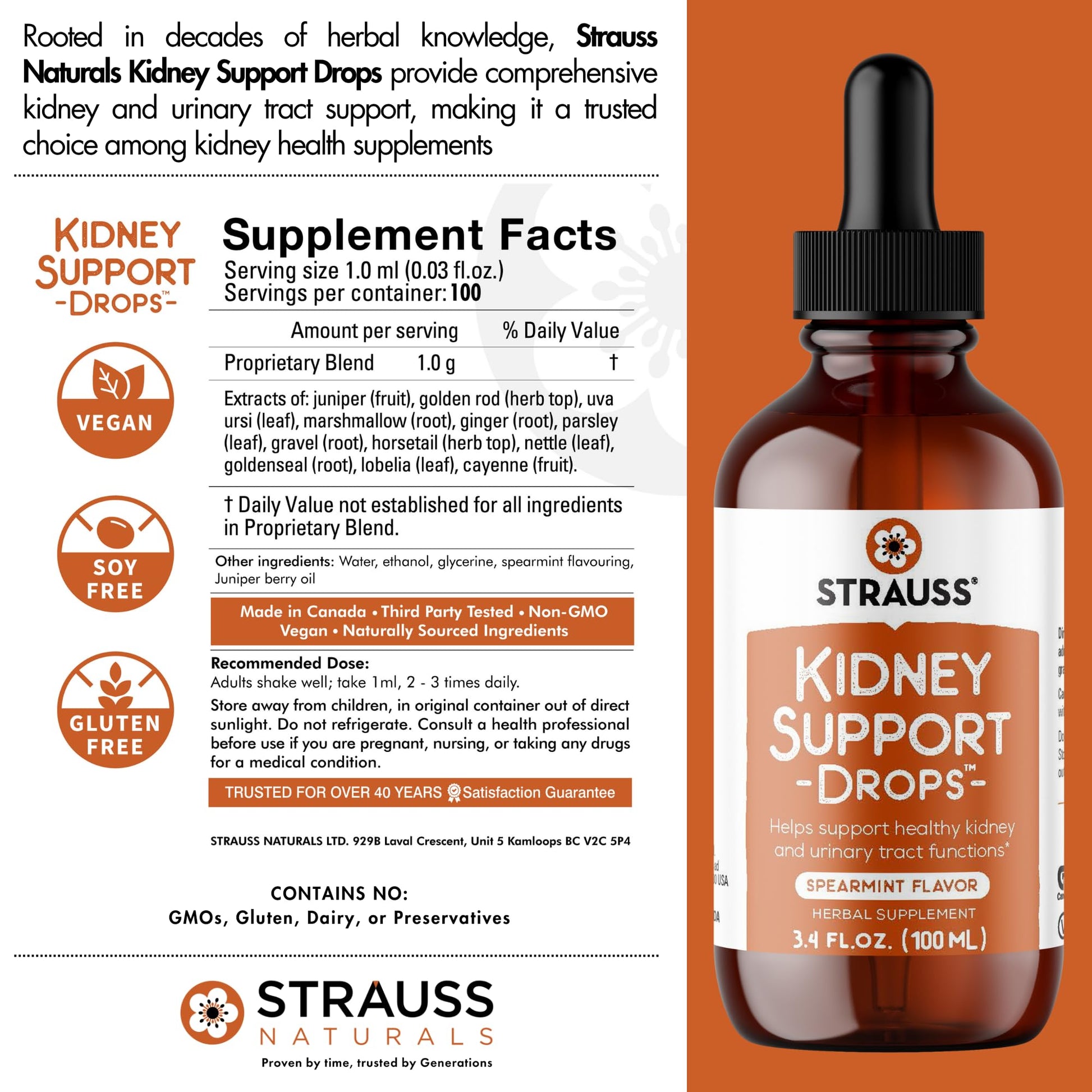 Strauss Naturals Kidney Support Drops – Herbal Kidney Support Supplement for Men and Women – Helps with Kidney Health and Urinary Tract Function – Vegan & Non-GMO – Spearmint Flavored – 100 ml Bottle Strauss Heartdrops Au supplements