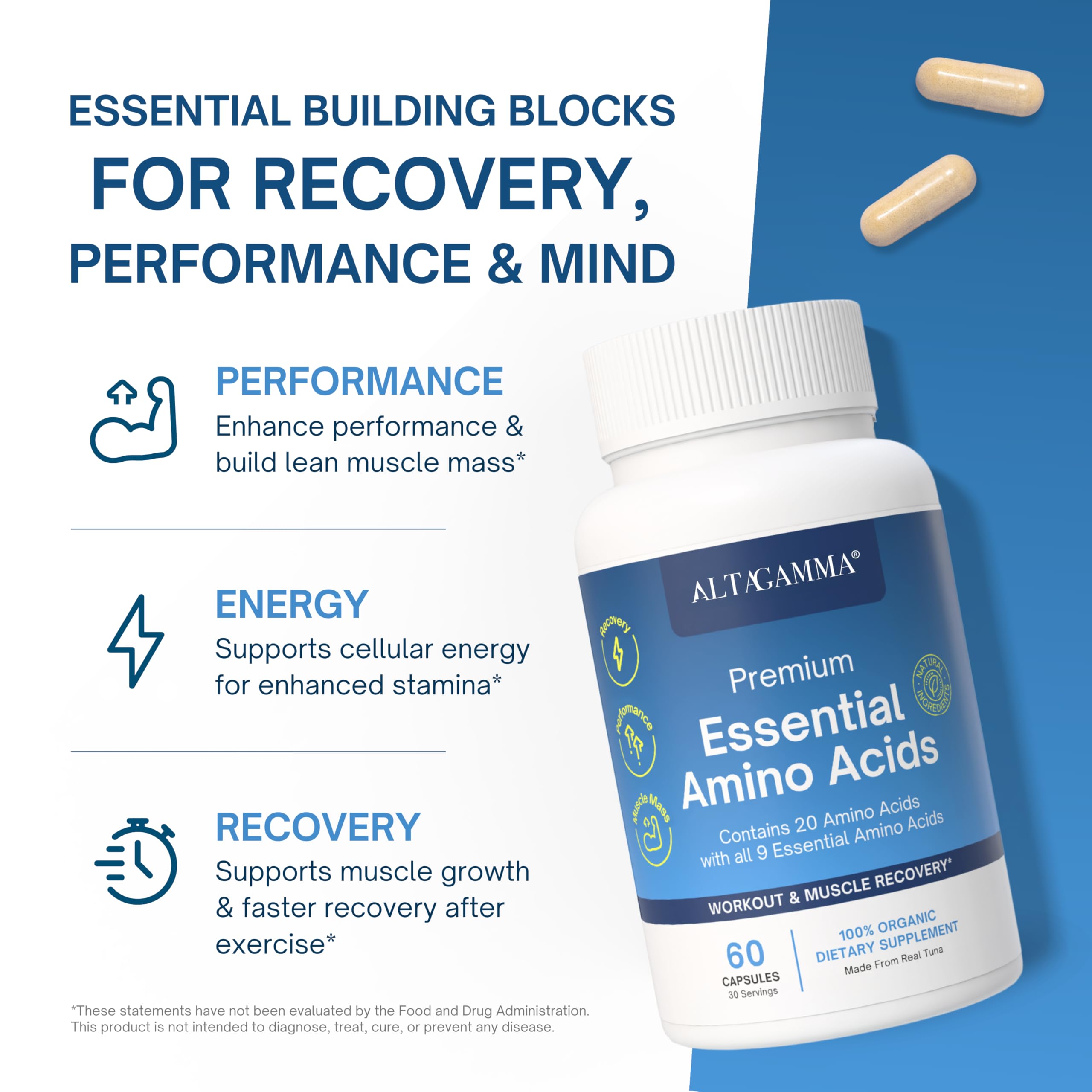 ALTAGAMMA Pure Amino Acids Complex - Protein for Pre/Post Workout, Energy & Muscle Recovery - 9 Essential Amino Acids Supplement (EAA) & BCAAs - Leucine, Lysine, L Tyrosine, L Arginine, 60 Capsules ALTAGAMMA Au supplements