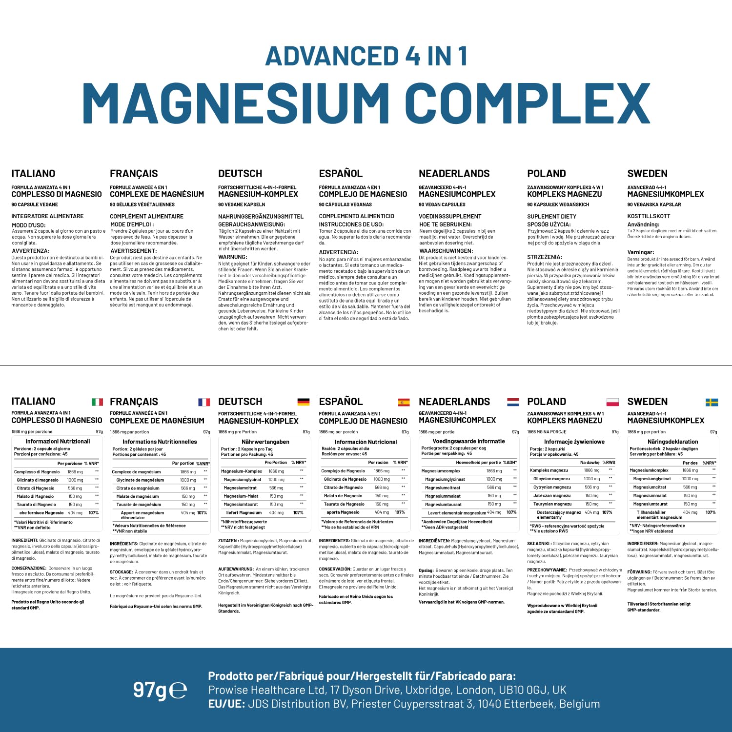 Magnesium Glycinate Complex 4 in 1-1866mg per Serving | Precise 404mg Elemental Magnesium dose | Added Magnesium Glycinate, Citrate, Malate & Taurate | 90 Vegan Capsules - by Prowise PH PROWISE Healthcare Au supplements